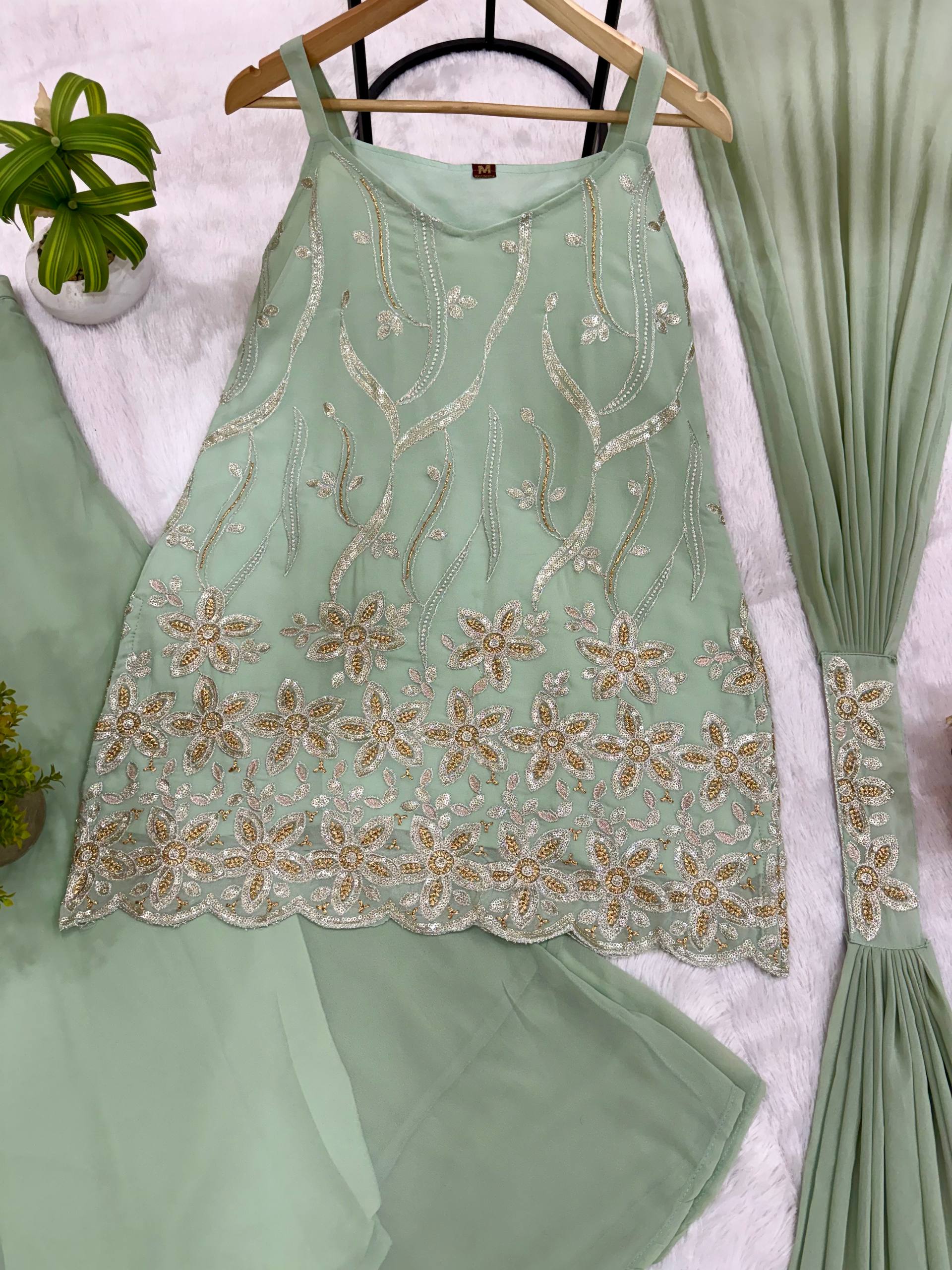 Mint Green Faux Georgette Embroidered Kurti Palazzo Set with Dupatta | Designer Party & Festive Wear Suit for Women