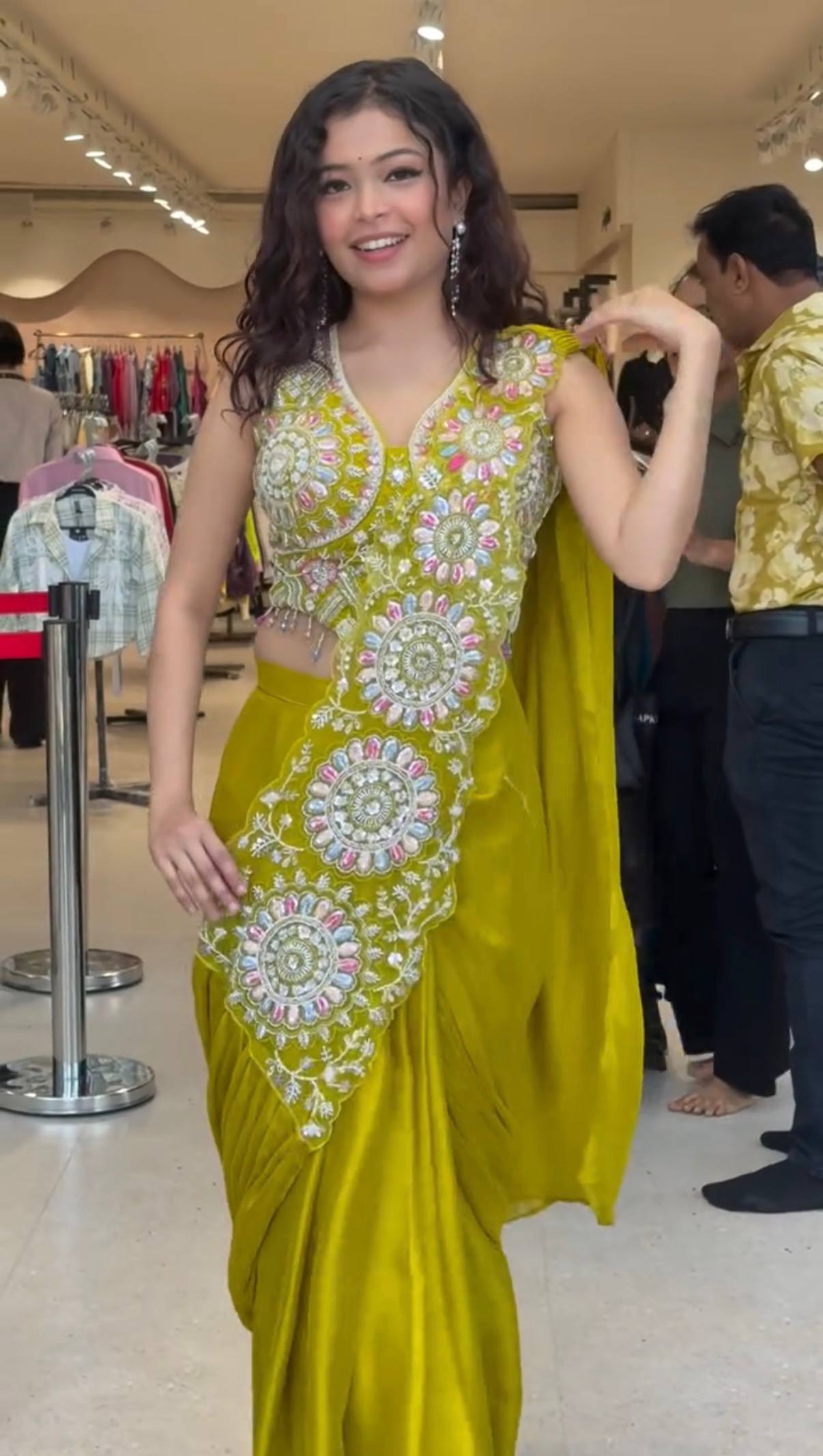 Mustard Yellow Ready to Wear Drape Saree with Heavy Embroidered Blouse | Faux Georgette Designer Party Wear Saree
