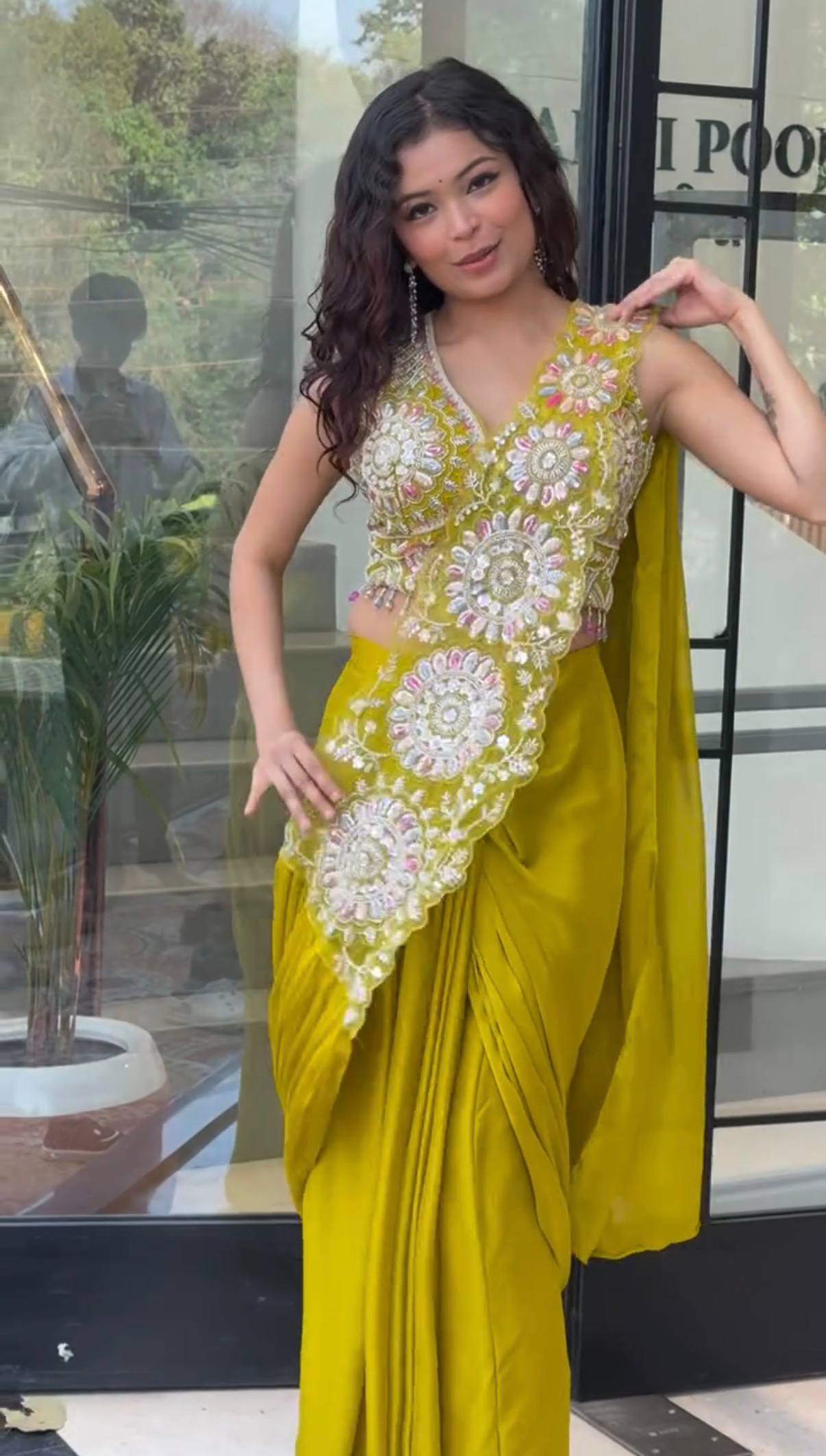 Mustard Yellow Ready to Wear Drape Saree with Heavy Embroidered Blouse | Faux Georgette Designer Party Wear Saree