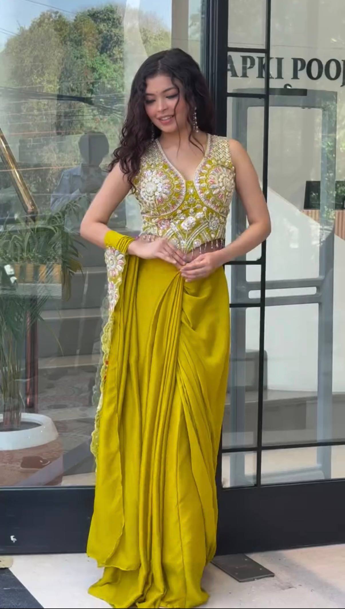 Mustard Yellow Ready to Wear Drape Saree with Heavy Embroidered Blouse | Faux Georgette Designer Party Wear Saree