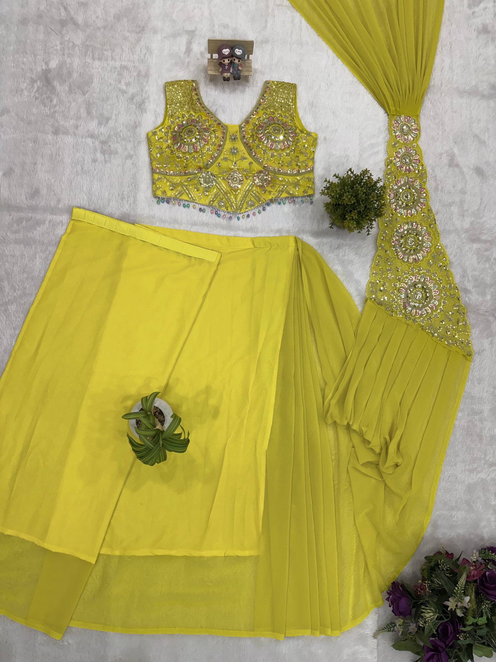 Mustard Yellow Ready to Wear Drape Saree with Heavy Embroidered Blouse | Faux Georgette Designer Party Wear Saree