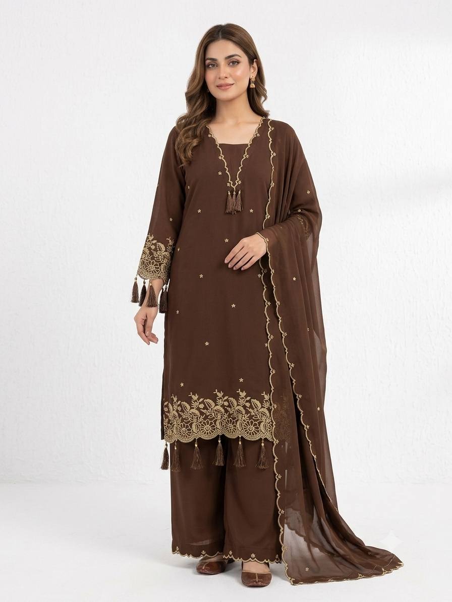 Brown Rayon Embroidered Kurta Palazzo Set with Dupatta