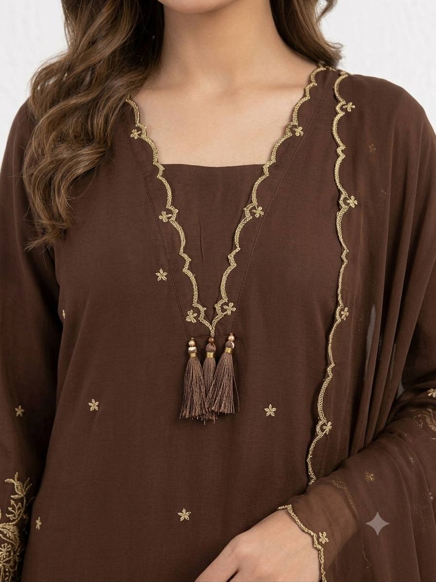 Brown Rayon Embroidered Kurta Palazzo Set with Dupatta