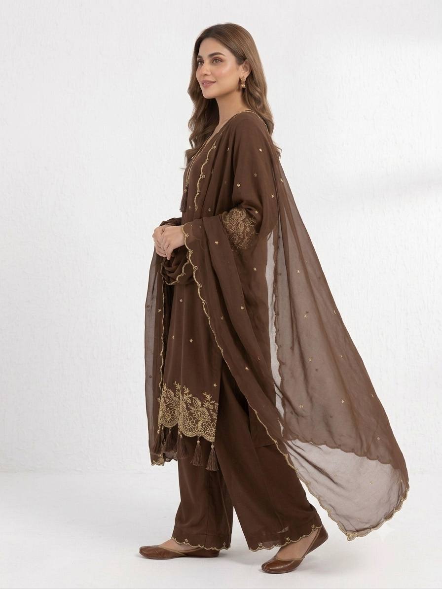 Brown Rayon Embroidered Kurta Palazzo Set with Dupatta