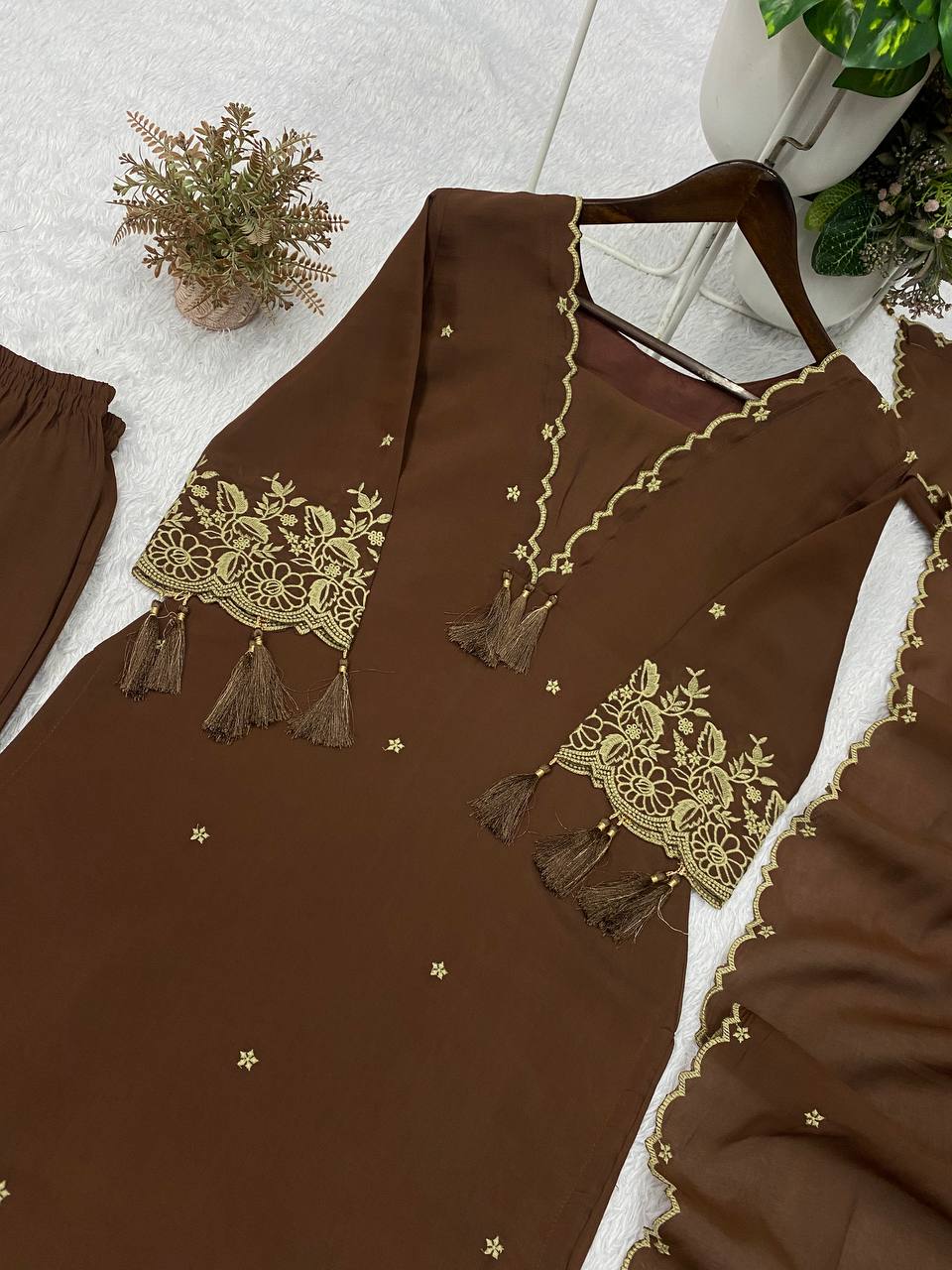 Brown Rayon Embroidered Kurta Palazzo Set with Dupatta
