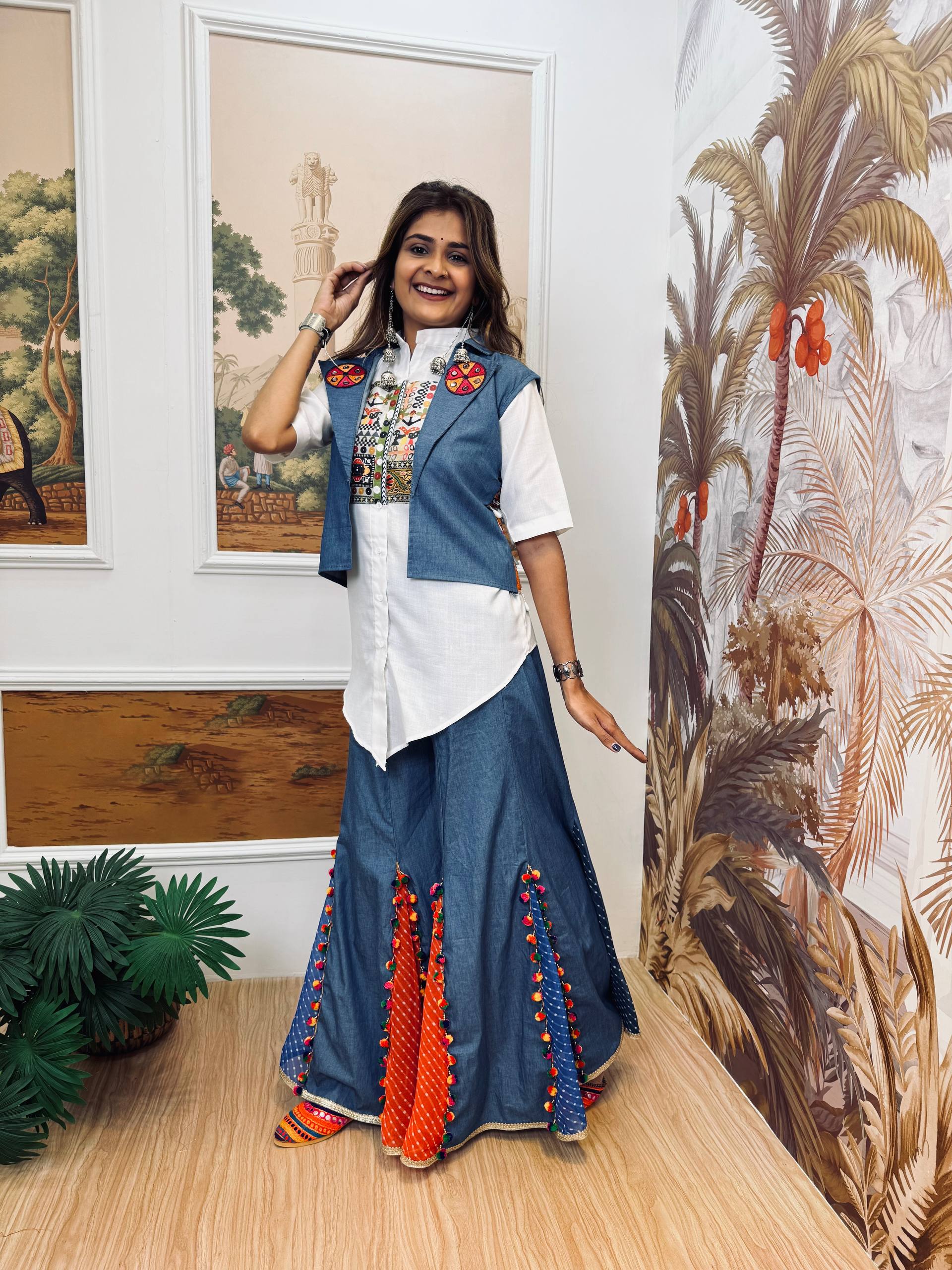 Navratri Premium Pure Cotton Denim Koti Shirt Palazzo Set for Women | Embroidered Ethnic Co-Ord Outfit