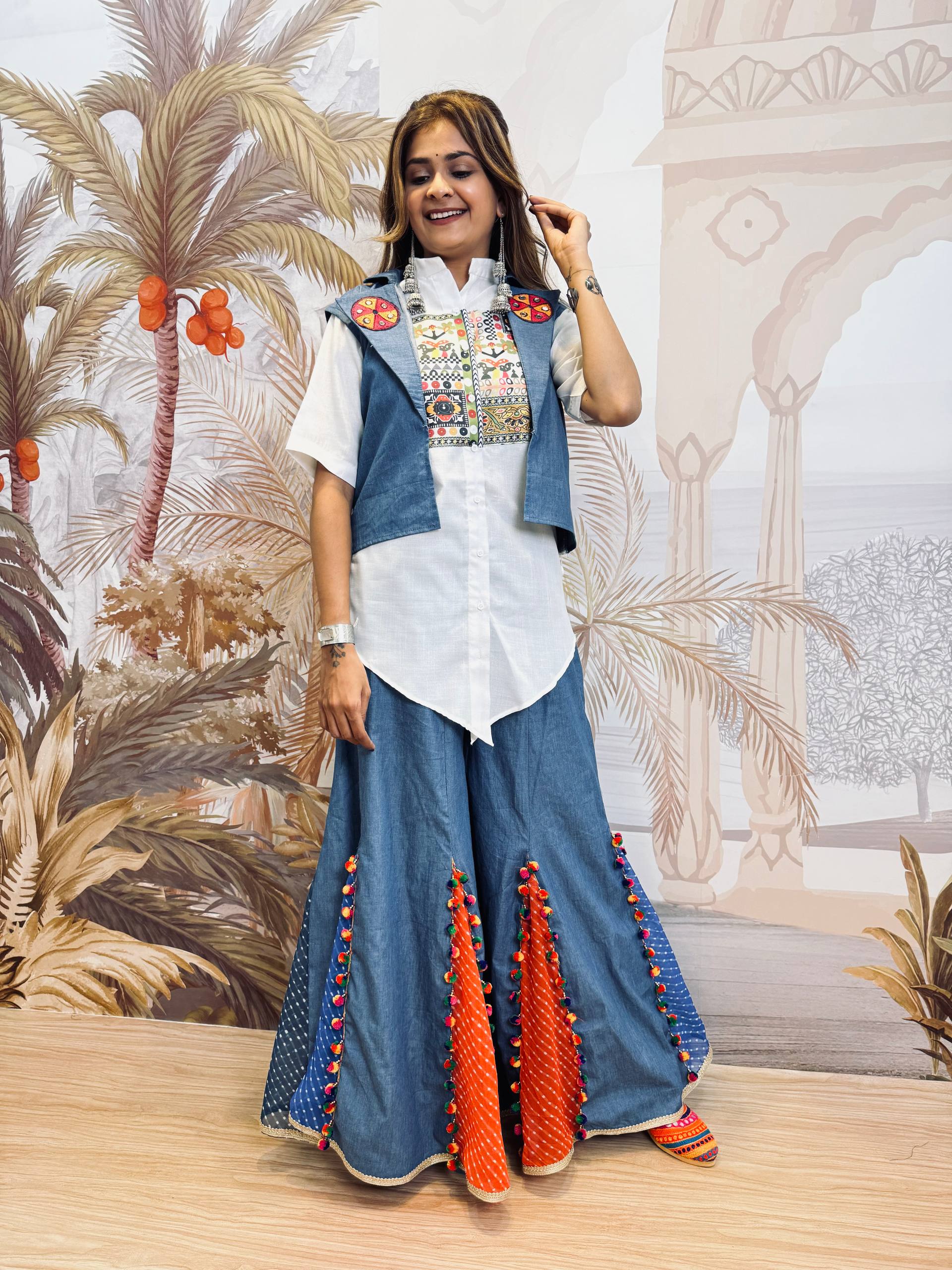 Navratri Premium Pure Cotton Denim Koti Shirt Palazzo Set for Women | Embroidered Ethnic Co-Ord Outfit