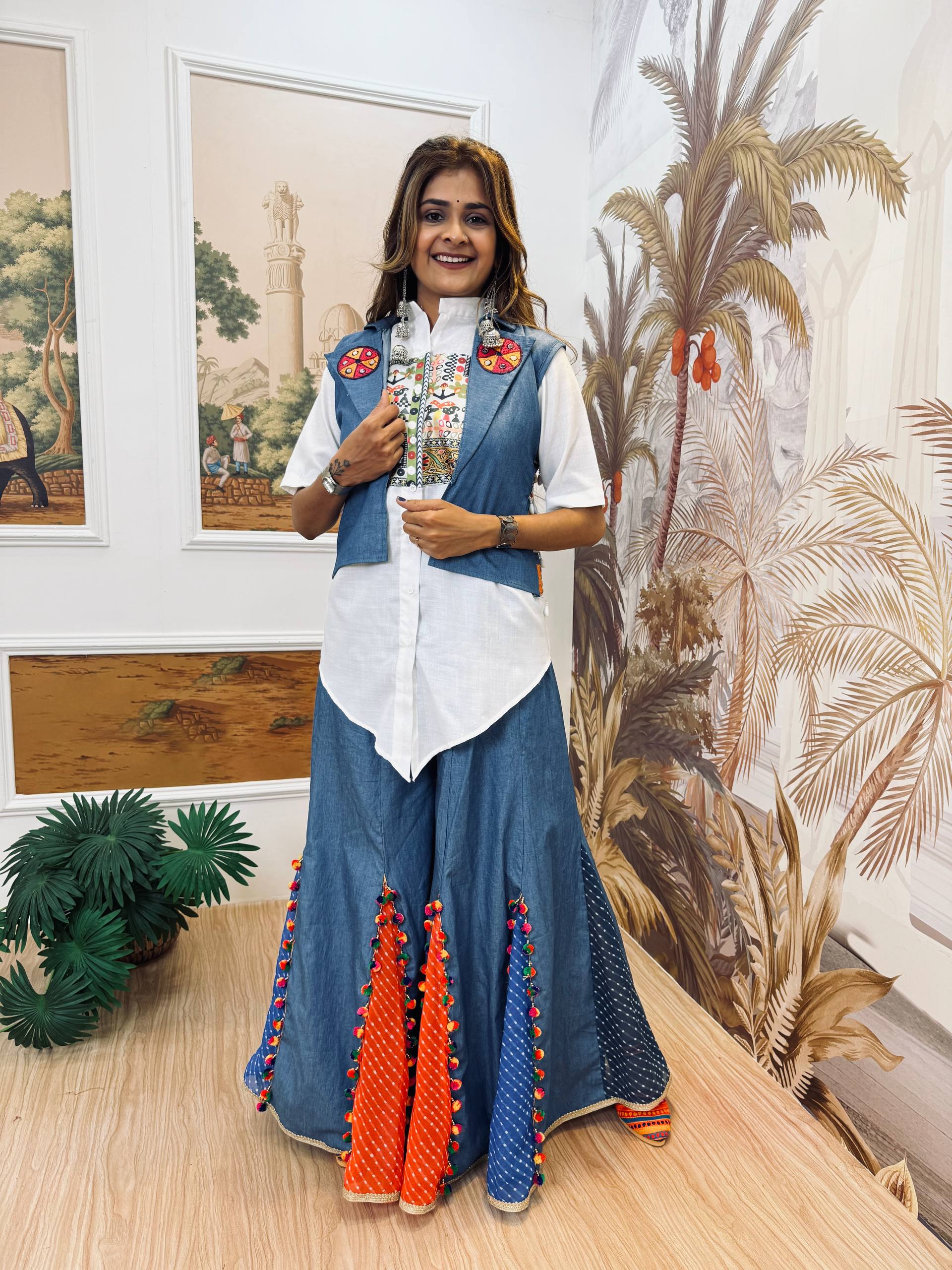 Navratri Premium Pure Cotton Denim Koti Shirt Palazzo Set for Women | Embroidered Ethnic Co-Ord Outfit