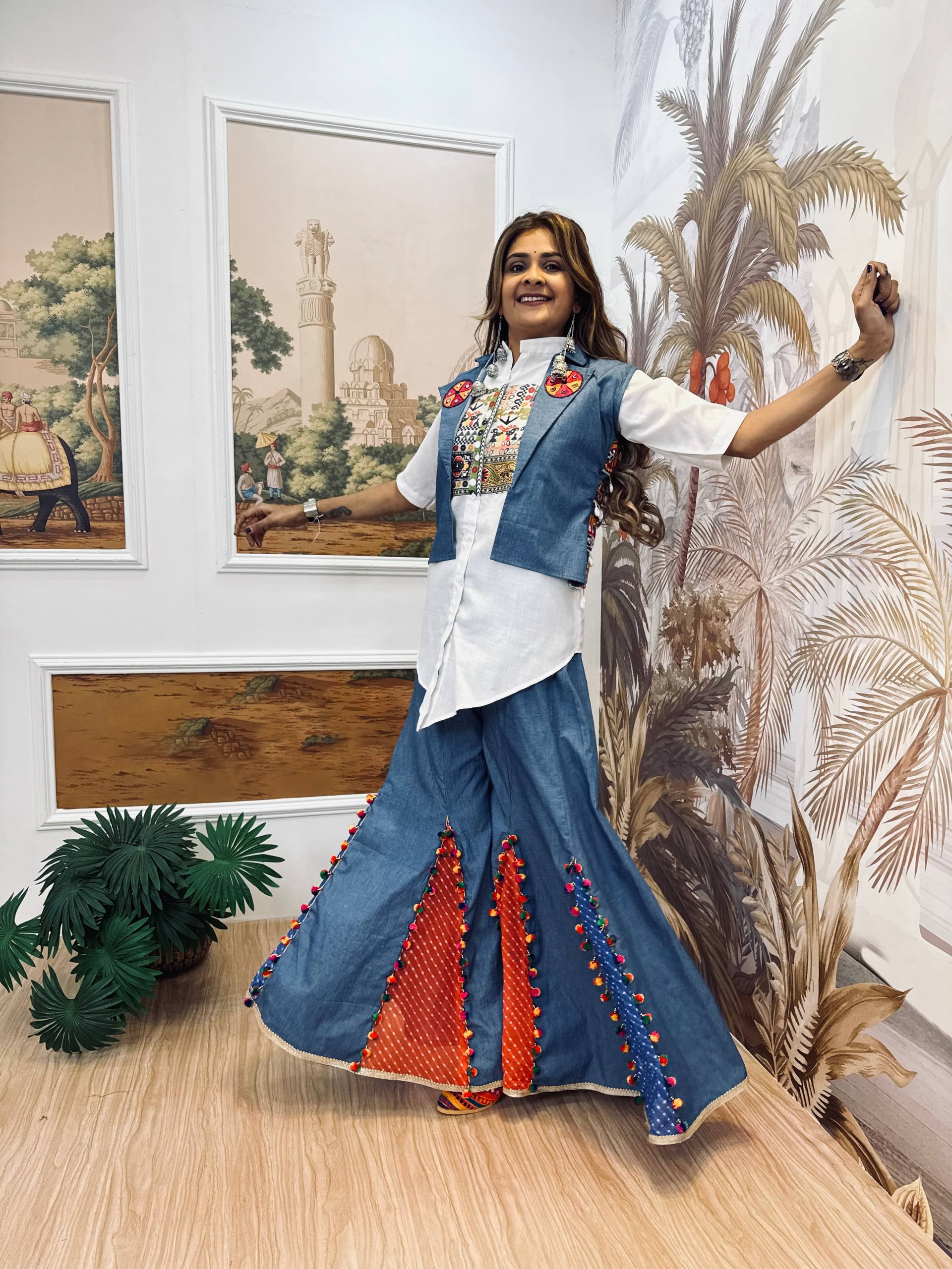 Navratri Premium Pure Cotton Denim Koti Shirt Palazzo Set for Women | Embroidered Ethnic Co-Ord Outfit