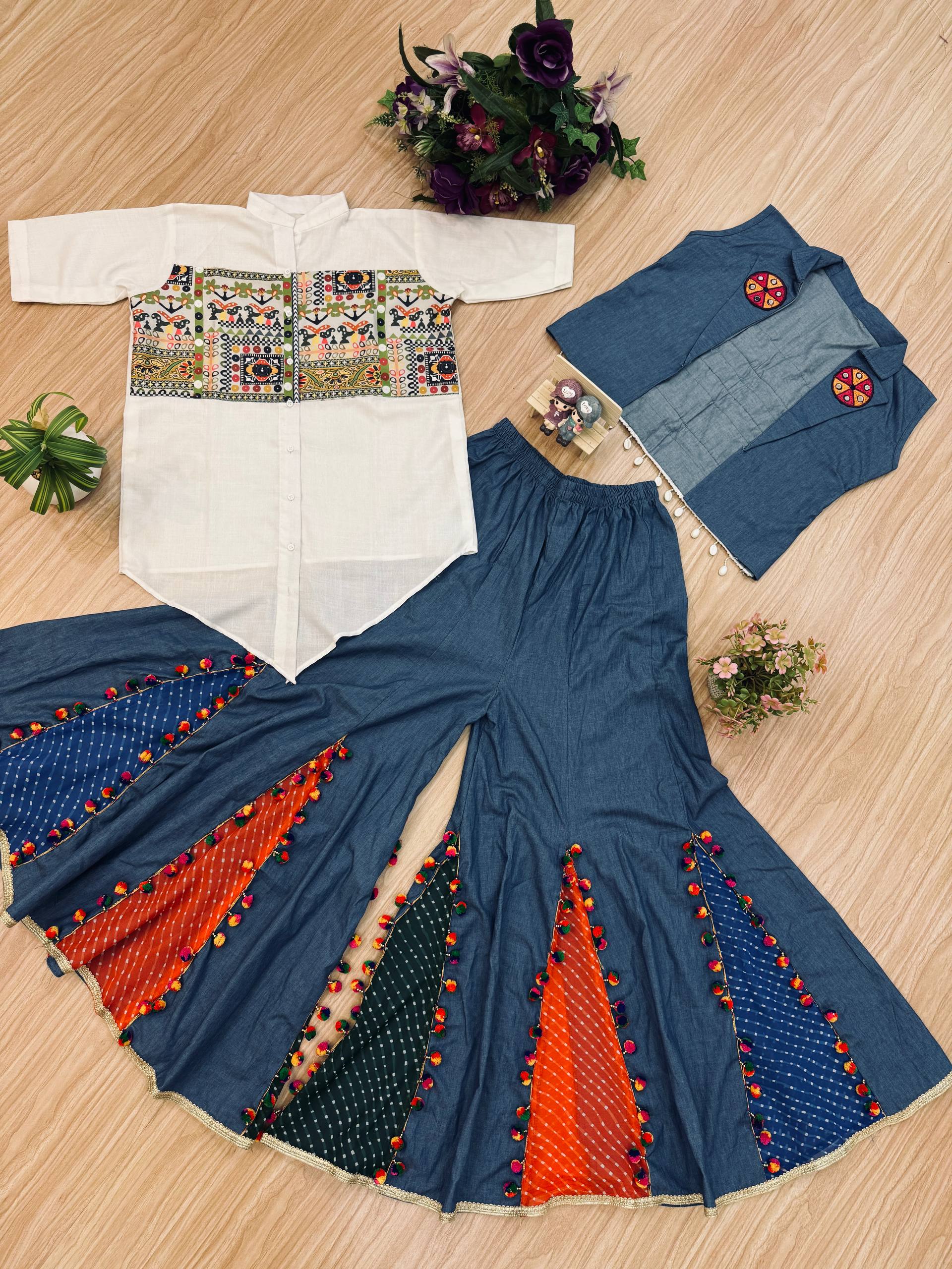 Navratri Premium Pure Cotton Denim Koti Shirt Palazzo Set for Women | Embroidered Ethnic Co-Ord Outfit
