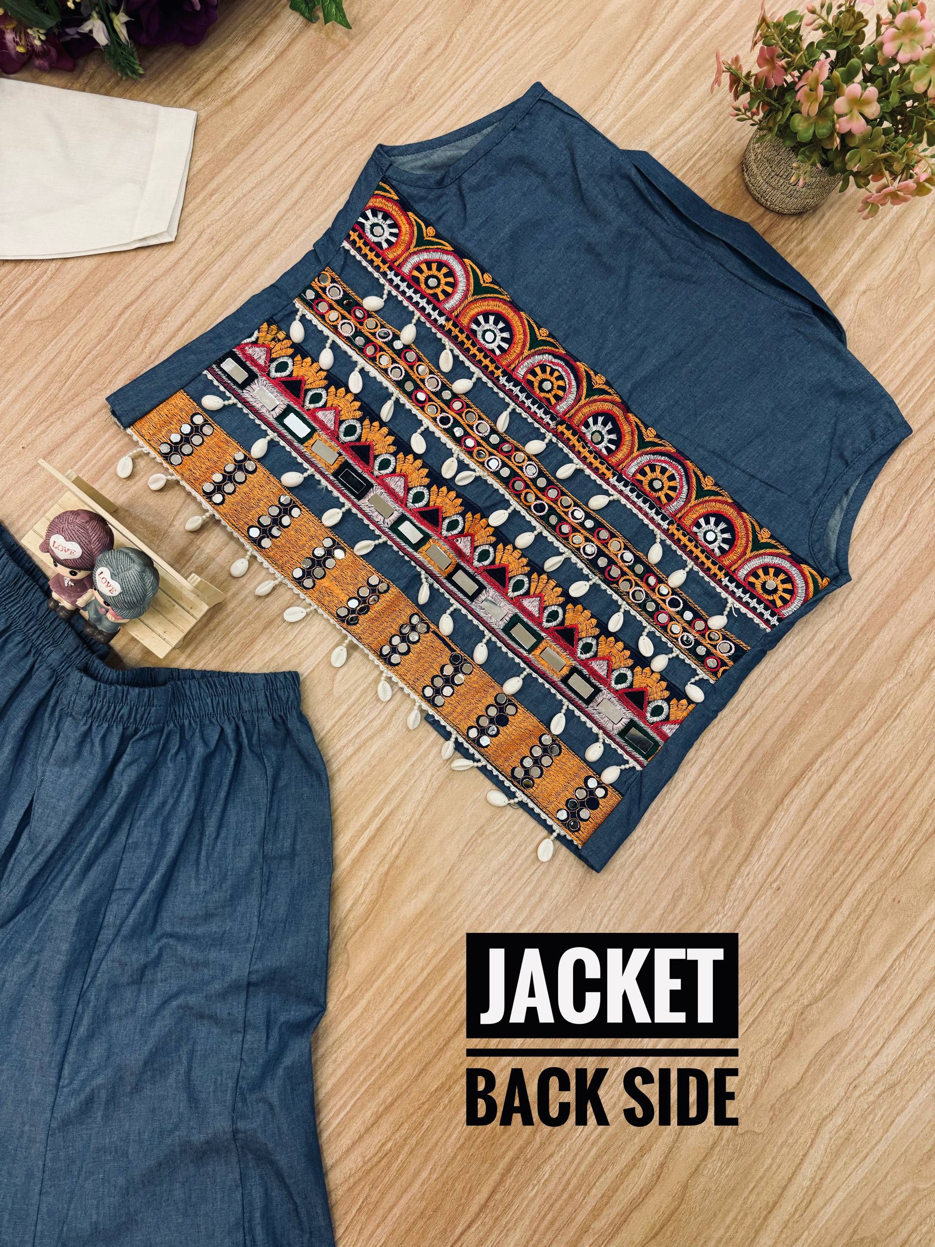 Navratri Premium Pure Cotton Denim Koti Shirt Palazzo Set for Women | Embroidered Ethnic Co-Ord Outfit