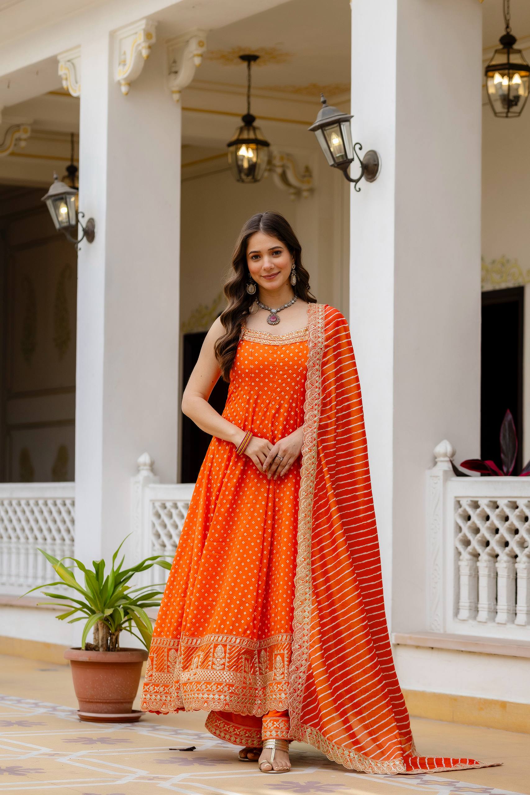 Premium Bandhani Gown with Palazzo & Leheriya Dupatta | Wedding & Festive Wear