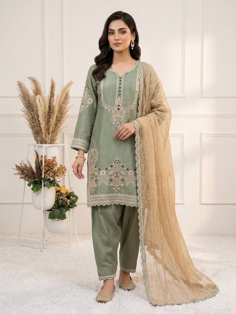 Sage Green Glass Satin Embroidered Salwar Suit Set with Dupatta