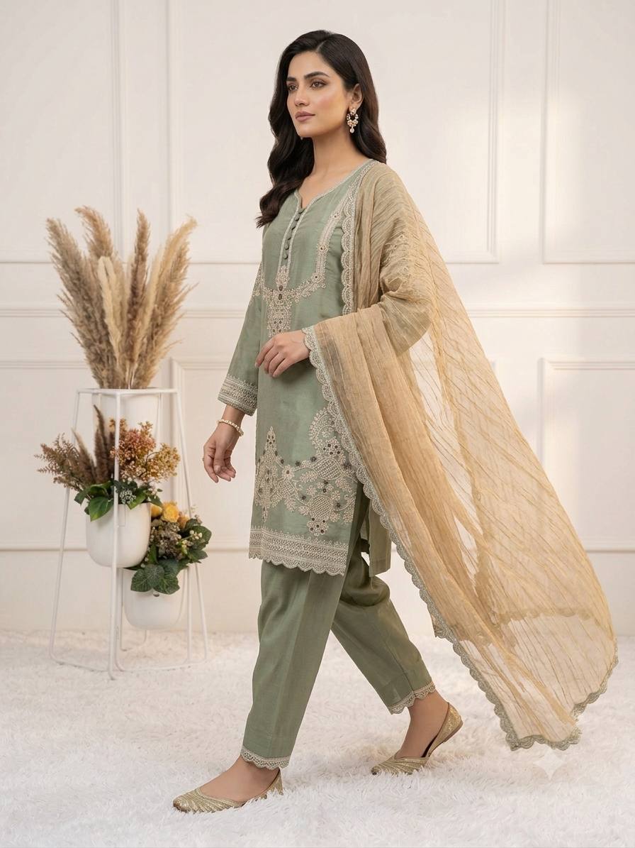 Sage Green Glass Satin Embroidered Salwar Suit Set with Dupatta