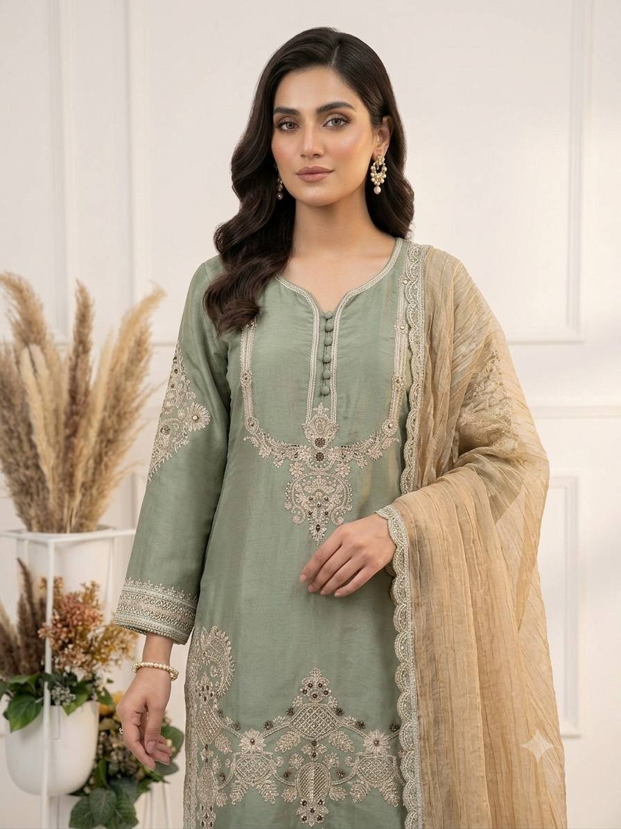 Sage Green Glass Satin Embroidered Salwar Suit Set with Dupatta