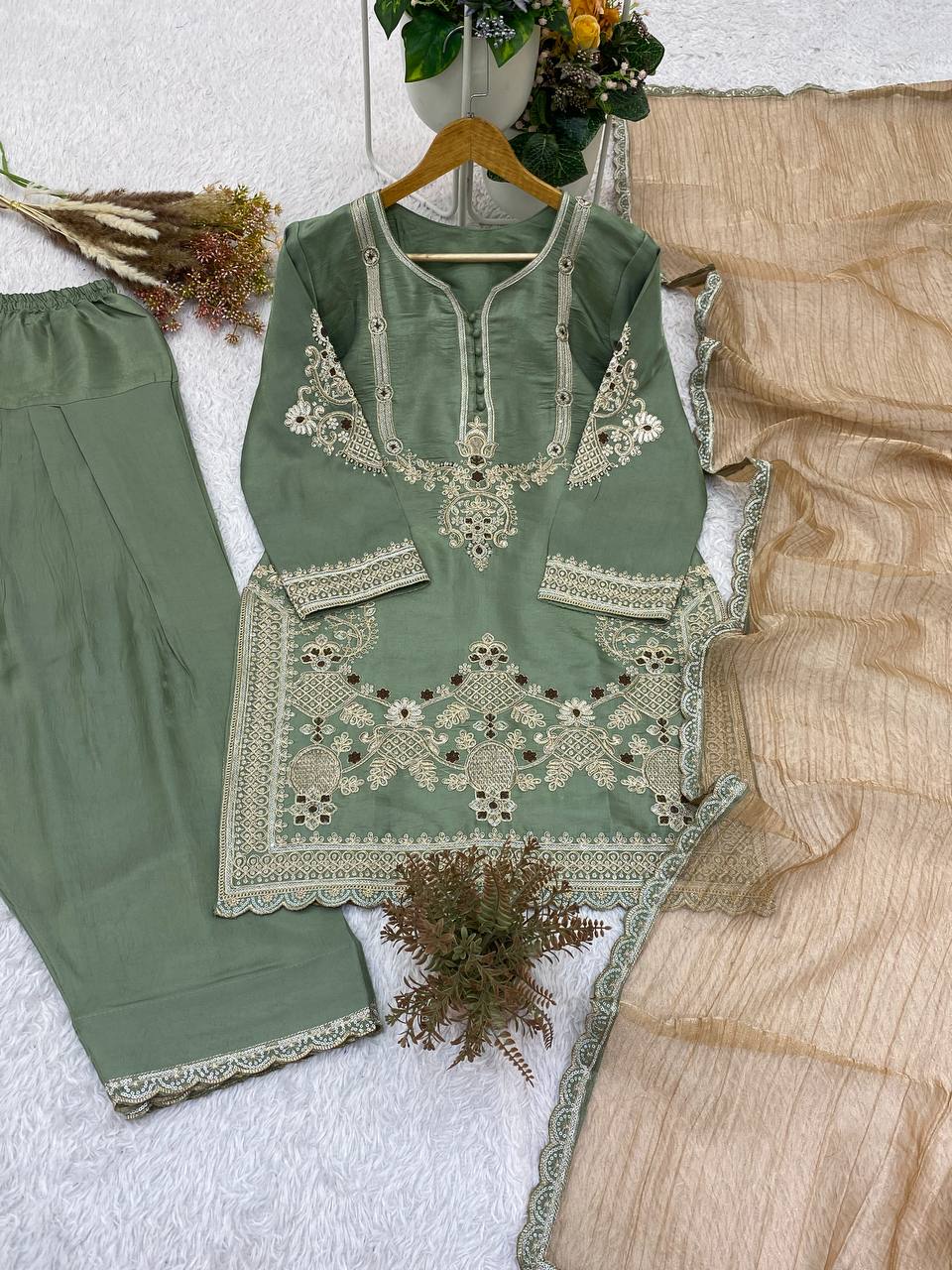 Sage Green Glass Satin Embroidered Salwar Suit Set with Dupatta