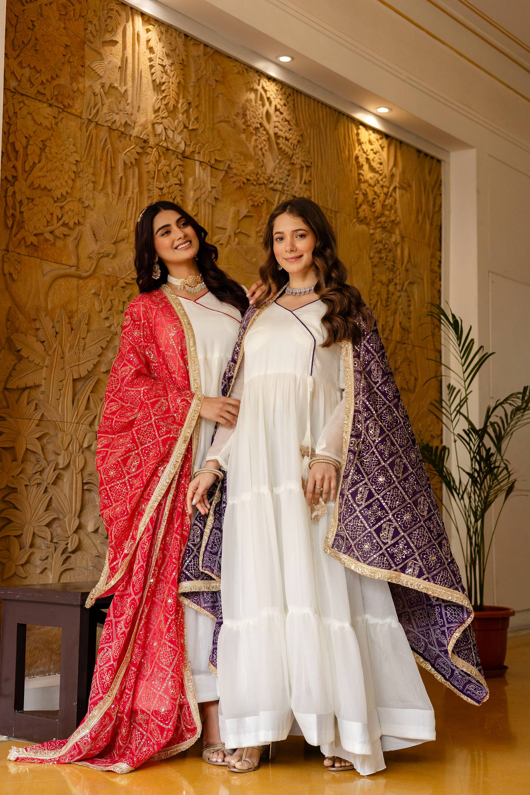 White Anarkali Gown with Pink Bandhani Dupatta | Designer Festive Ethnic Wear | Party & Wedding Wear