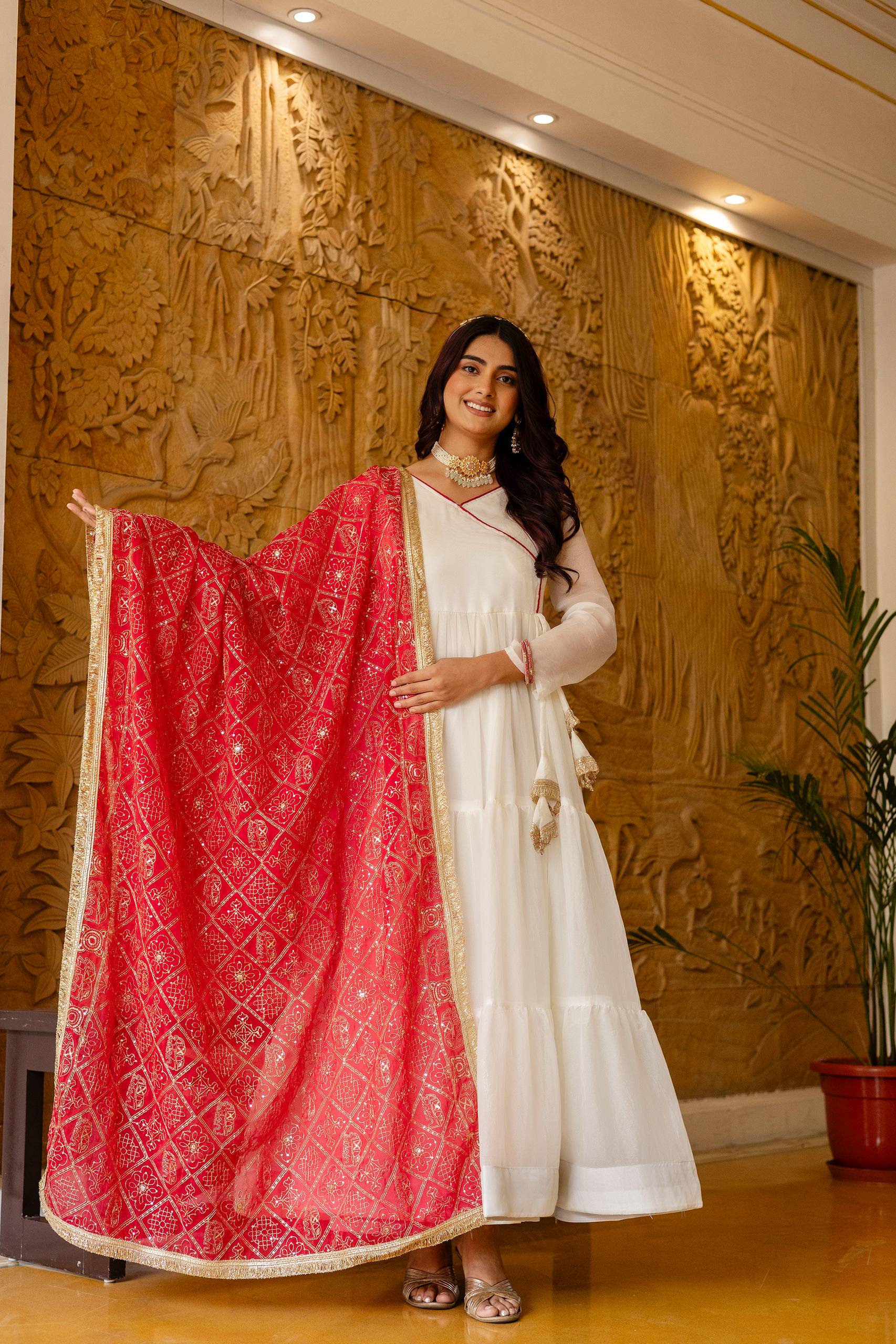 White Anarkali Gown with Pink Bandhani Dupatta | Designer Festive Ethnic Wear | Party & Wedding Wear