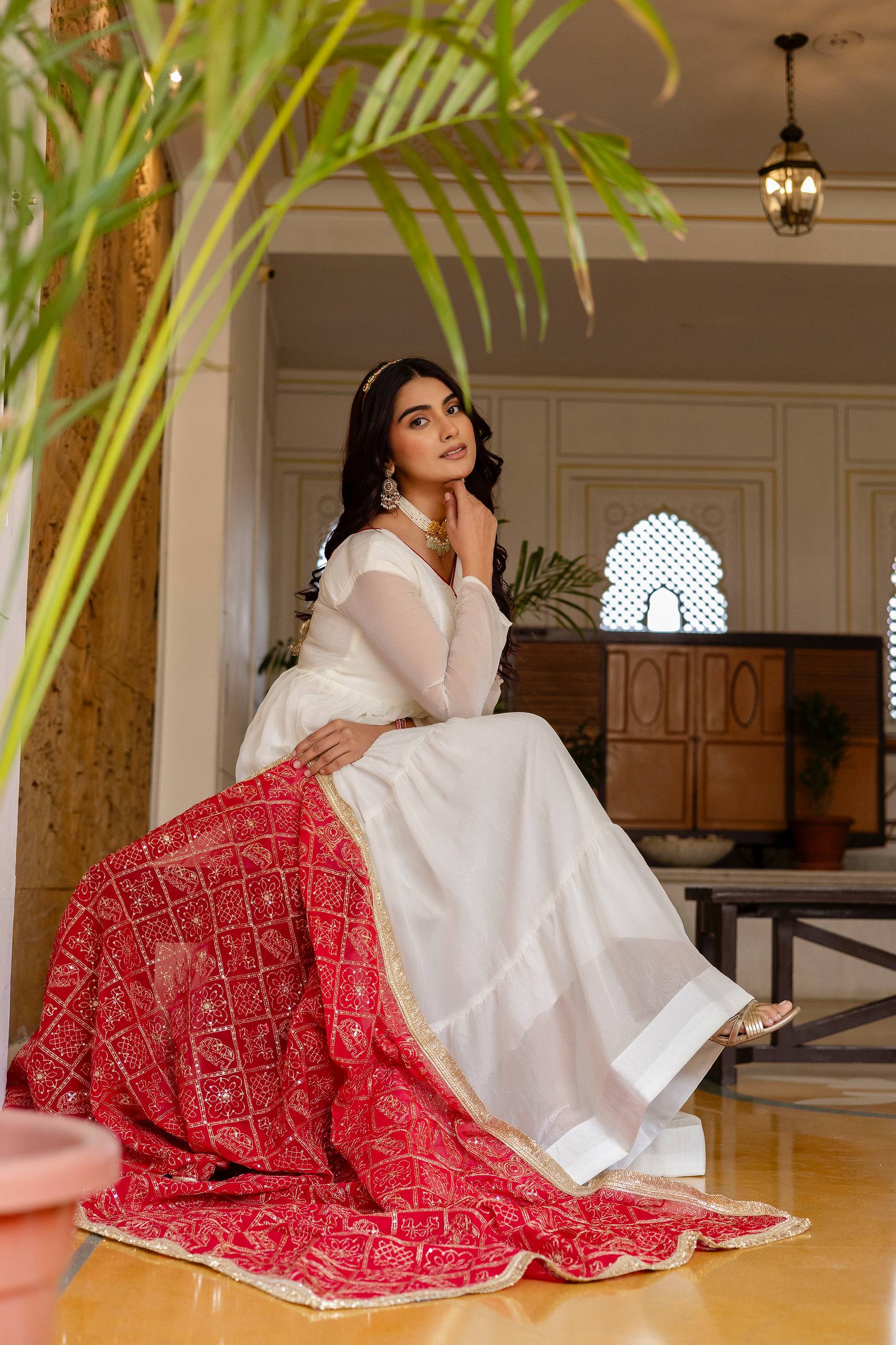 White Anarkali Gown with Pink Bandhani Dupatta | Designer Festive Ethnic Wear | Party & Wedding Wear