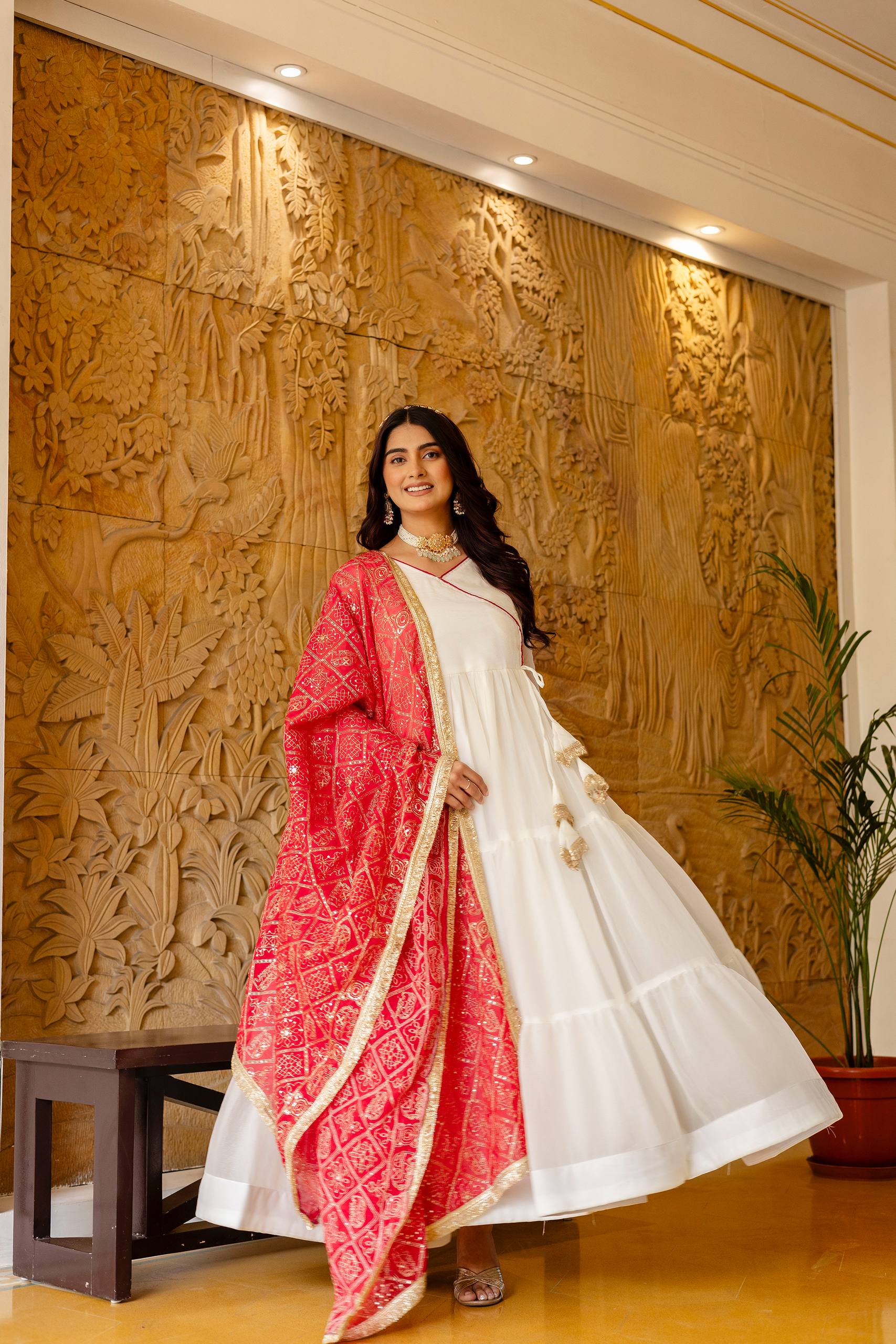 White Anarkali Gown with Pink Bandhani Dupatta | Designer Festive Ethnic Wear | Party & Wedding Wear