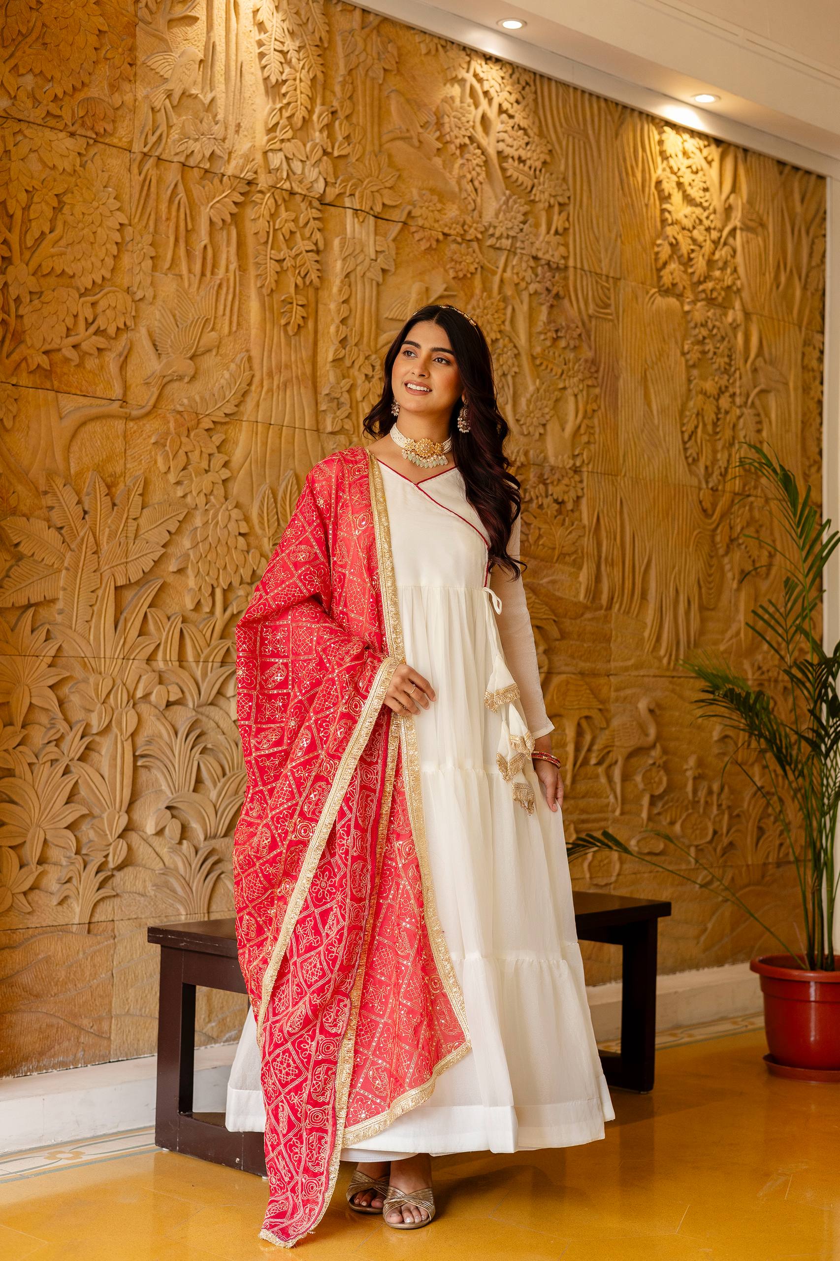 White Anarkali Gown with Pink Bandhani Dupatta | Designer Festive Ethnic Wear | Party & Wedding Wear