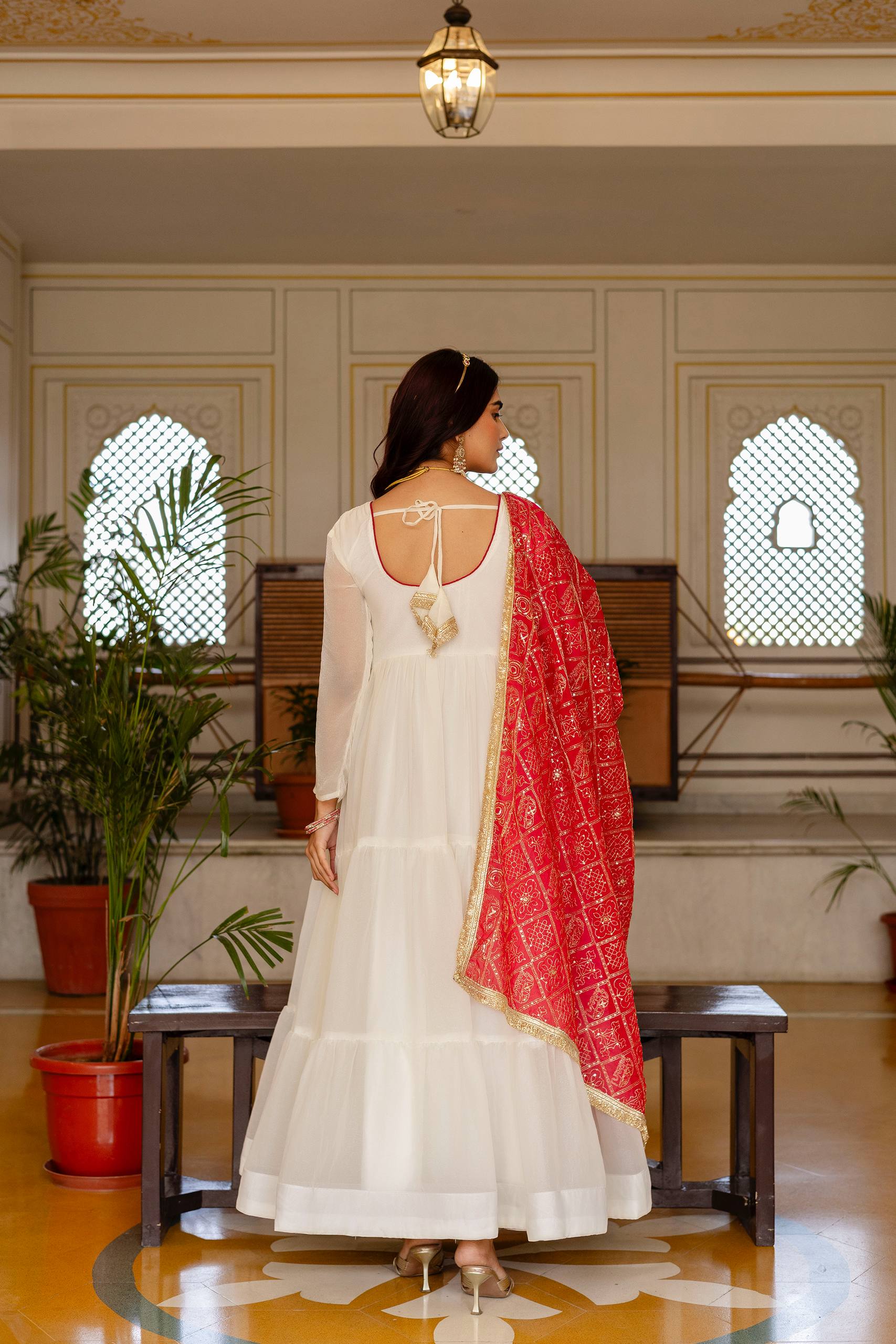 White Anarkali Gown with Pink Bandhani Dupatta | Designer Festive Ethnic Wear | Party & Wedding Wear