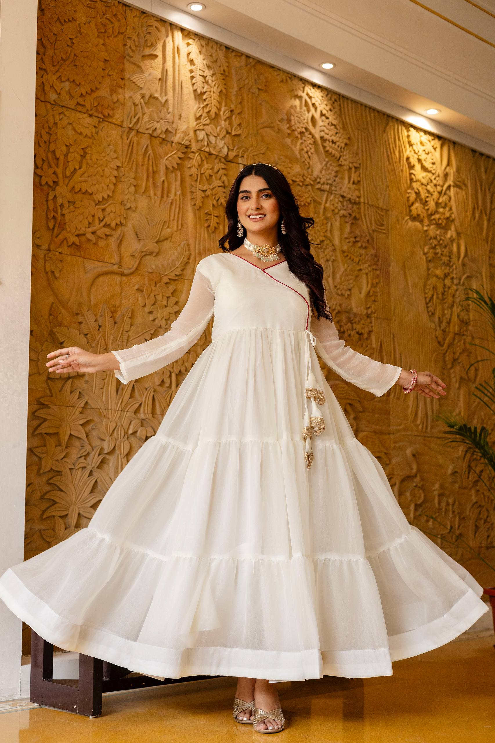 White Anarkali Gown with Pink Bandhani Dupatta | Designer Festive Ethnic Wear | Party & Wedding Wear