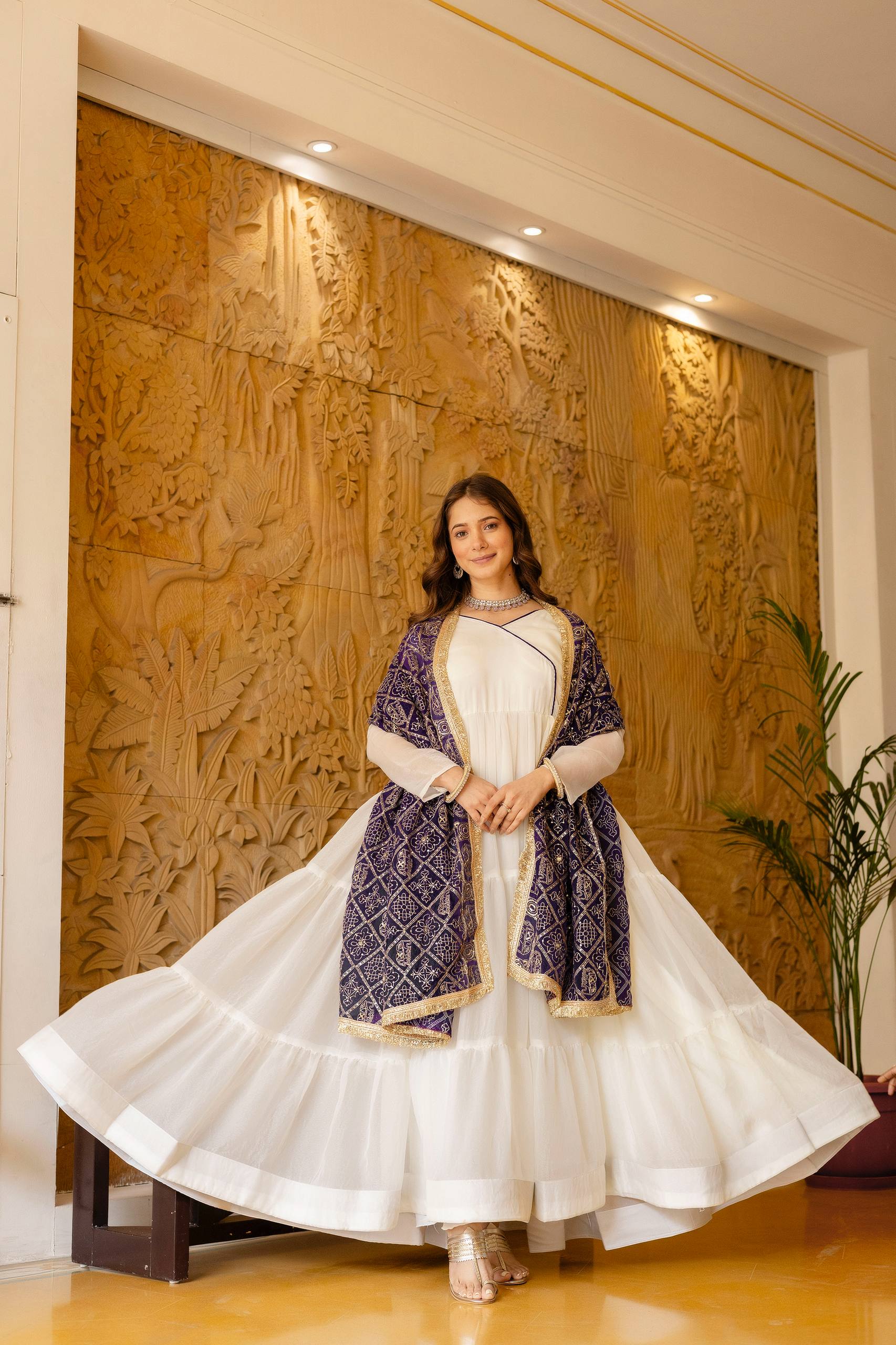 White Anarkali Gown with Pink Bandhani Dupatta | Designer Festive Ethnic Wear | Party & Wedding Wear