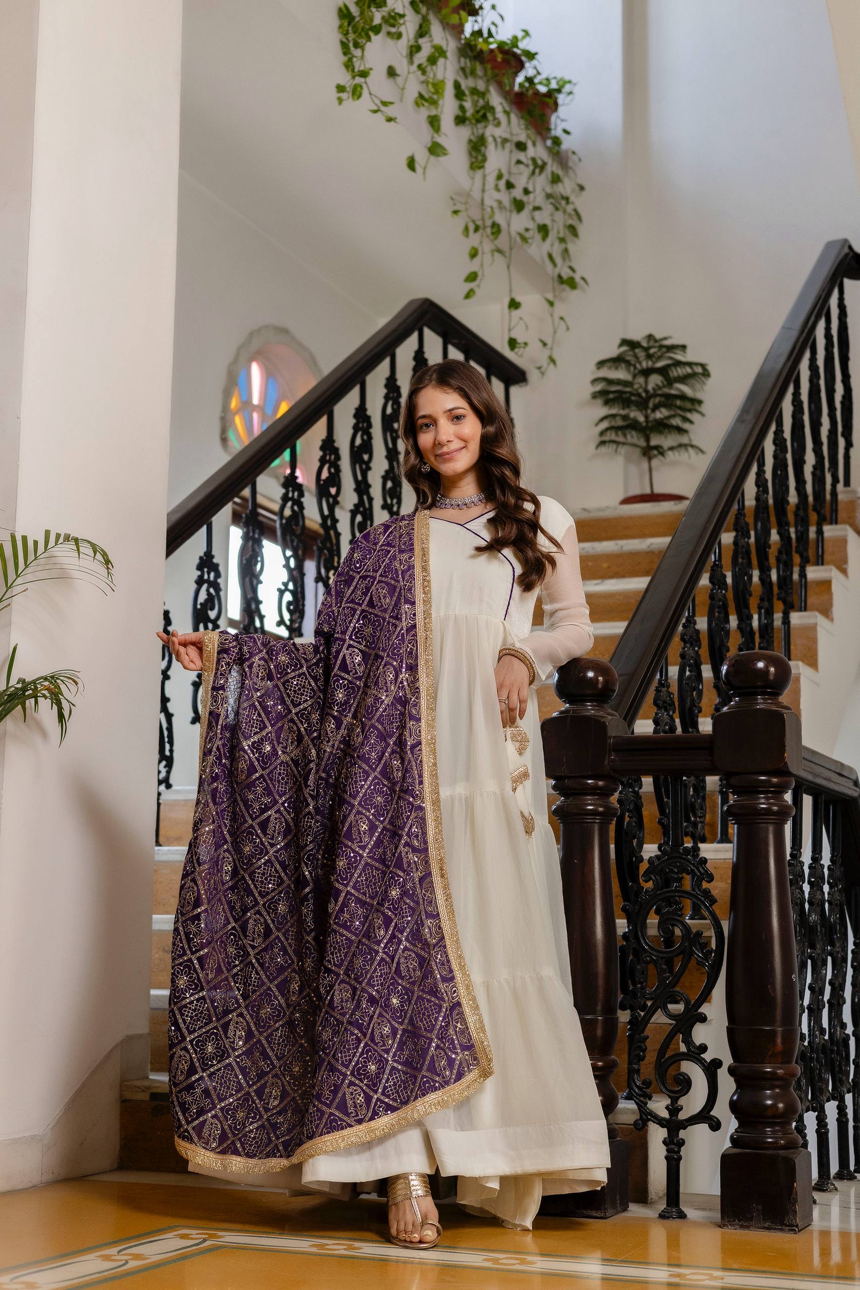 White Anarkali Gown with Pink Bandhani Dupatta | Designer Festive Ethnic Wear | Party & Wedding Wear