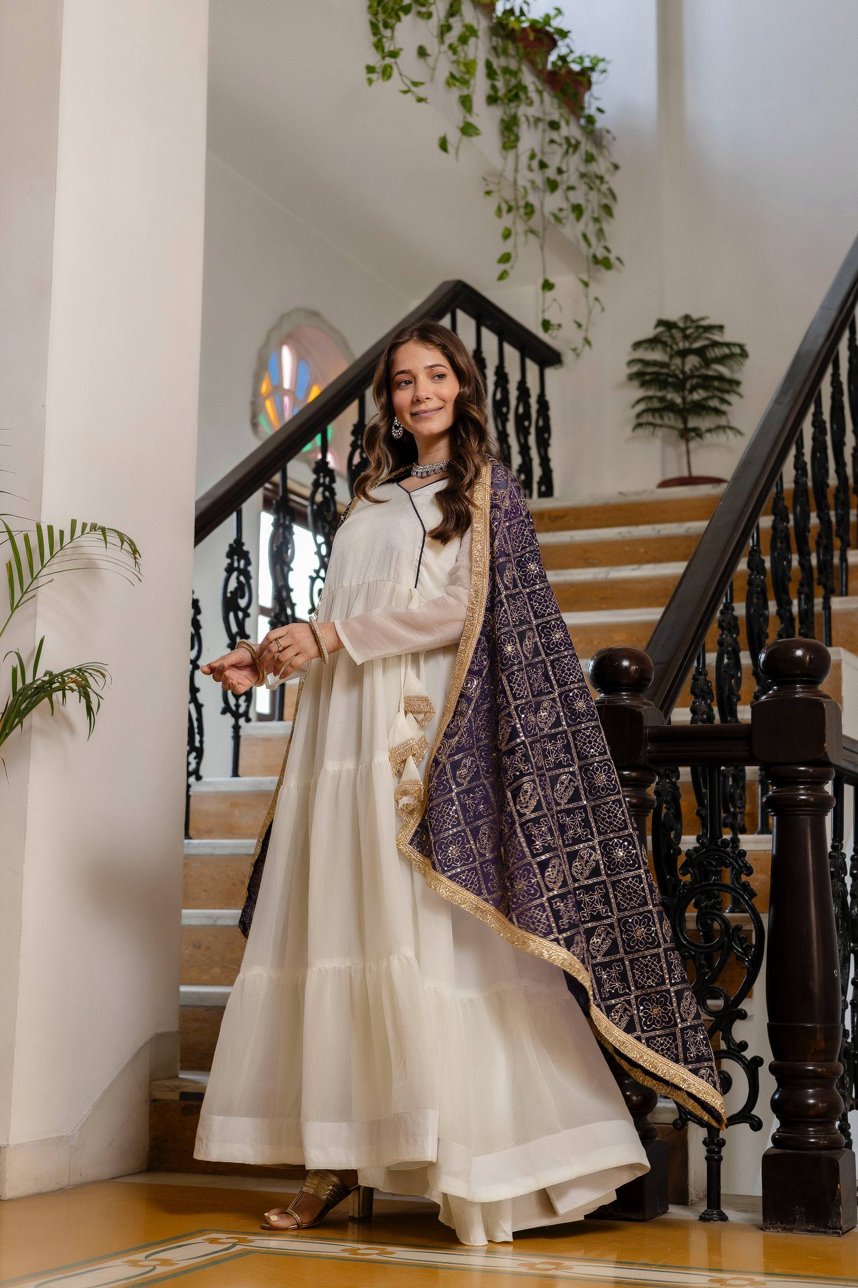 White Anarkali Gown with Pink Bandhani Dupatta | Designer Festive Ethnic Wear | Party & Wedding Wear