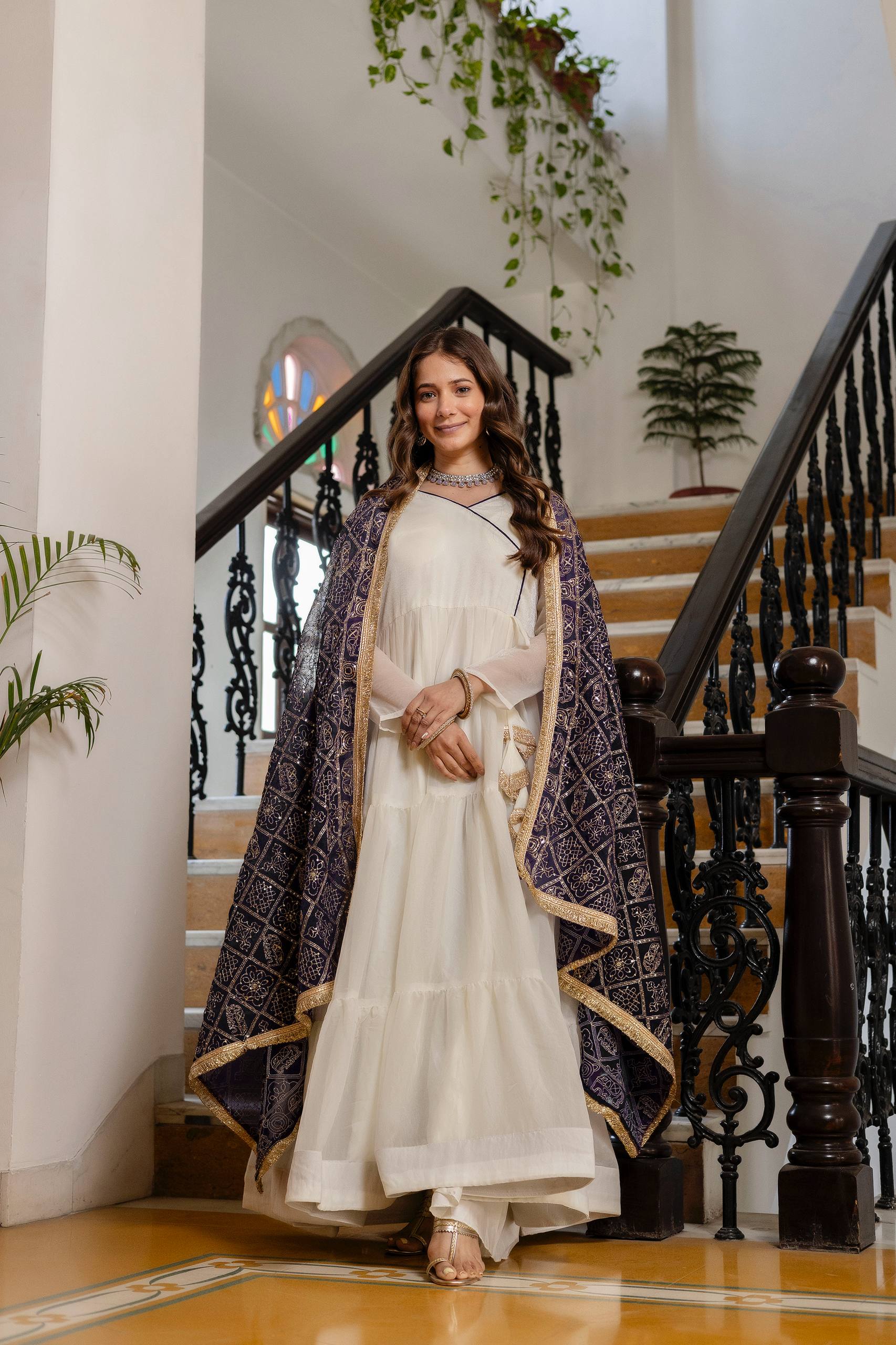 White Anarkali Gown with Pink Bandhani Dupatta | Designer Festive Ethnic Wear | Party & Wedding Wear