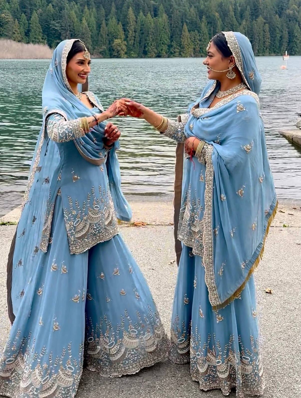 Sky Blue Faux Georgette Embroidered Kurti Palazzo Set with Dupatta | Beads & Cut Dana Work | Women's Festive Wear