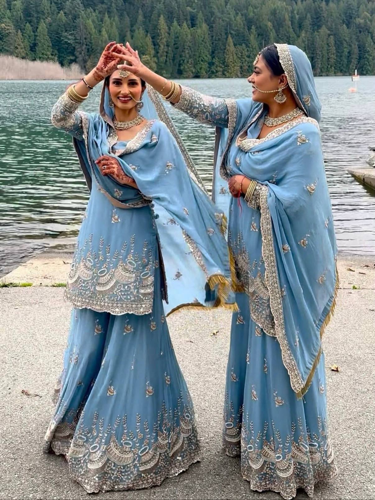 Sky Blue Faux Georgette Embroidered Kurti Palazzo Set with Dupatta | Beads & Cut Dana Work | Women's Festive Wear