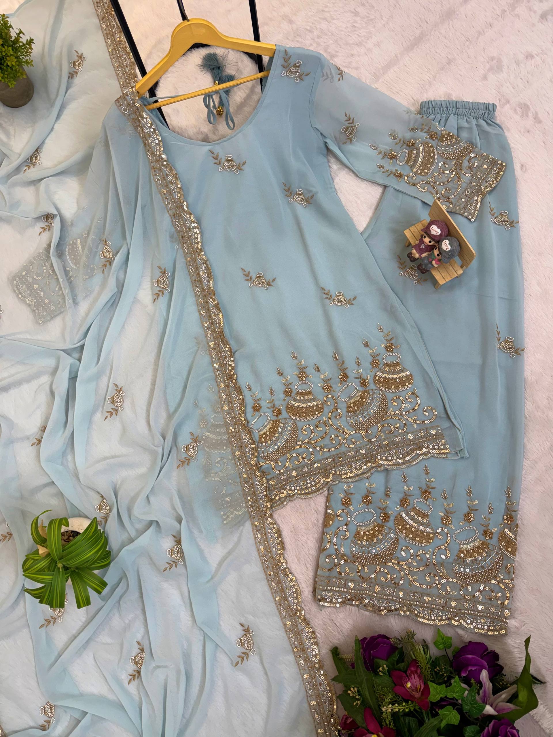 Sky Blue Faux Georgette Embroidered Kurti Palazzo Set with Dupatta | Beads & Cut Dana Work | Women's Festive Wear