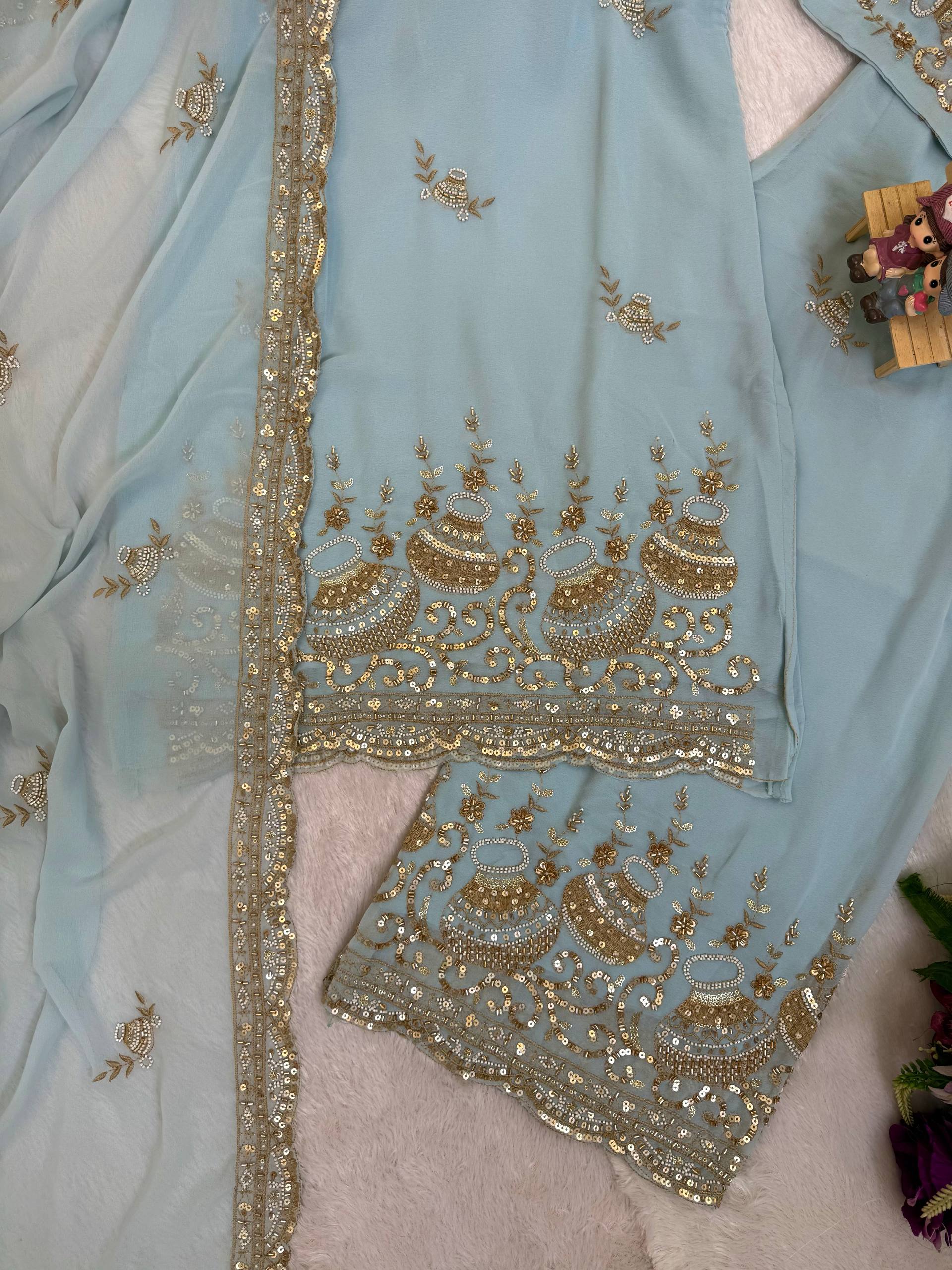 Sky Blue Faux Georgette Embroidered Kurti Palazzo Set with Dupatta | Beads & Cut Dana Work | Women's Festive Wear