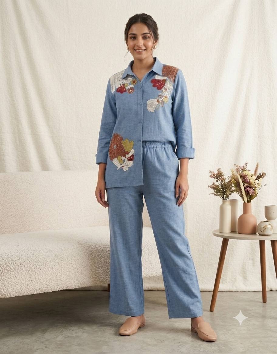 Blue Cotton Denim Embroidered Co-Ord Set for Women
