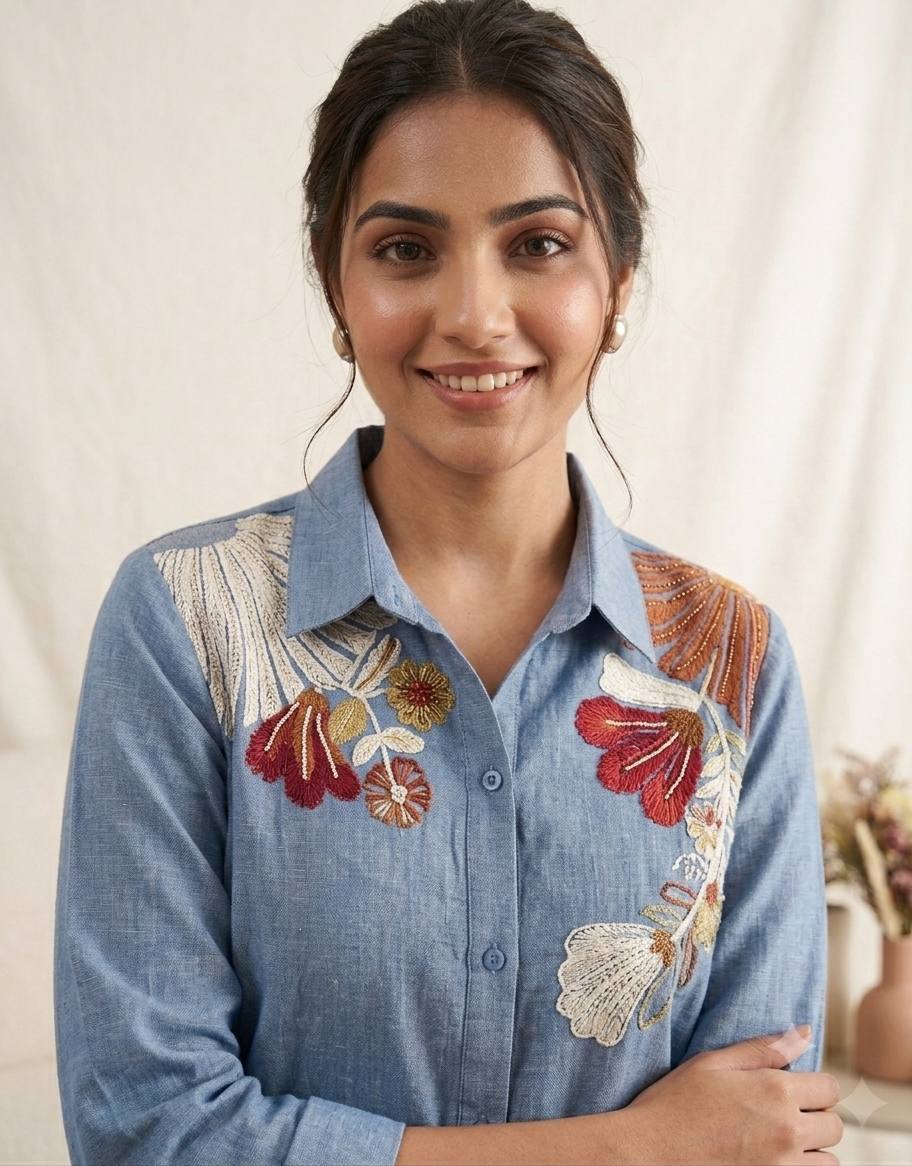 Blue Cotton Denim Embroidered Co-Ord Set for Women