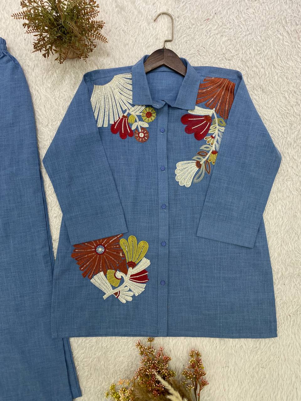 Blue Cotton Denim Embroidered Co-Ord Set for Women