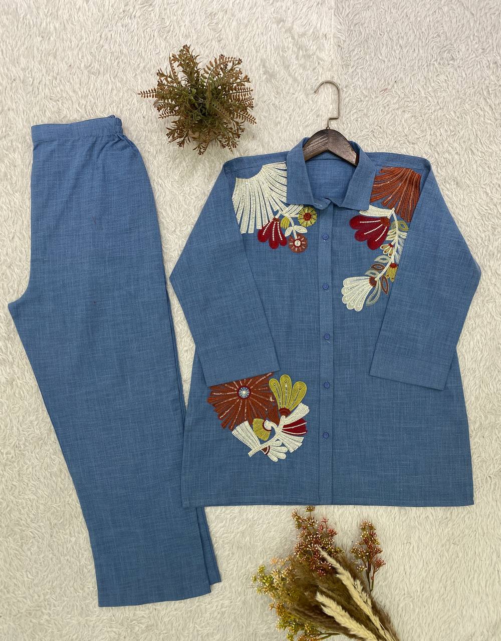 Blue Cotton Denim Embroidered Co-Ord Set for Women
