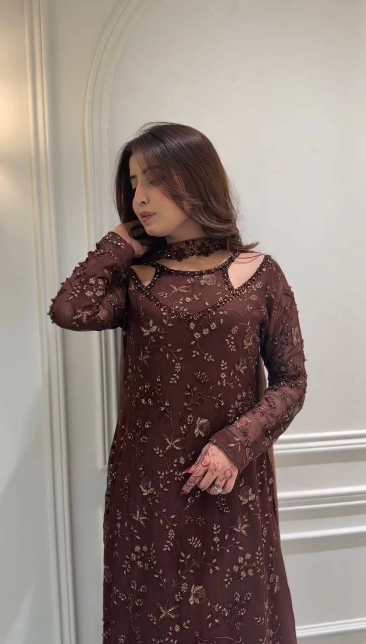 Women's Brown Embroidered Kurta Palazzo Set | Designer Party Wear Ethnic Suit with Dupatta | Premium Festive Wear for Women