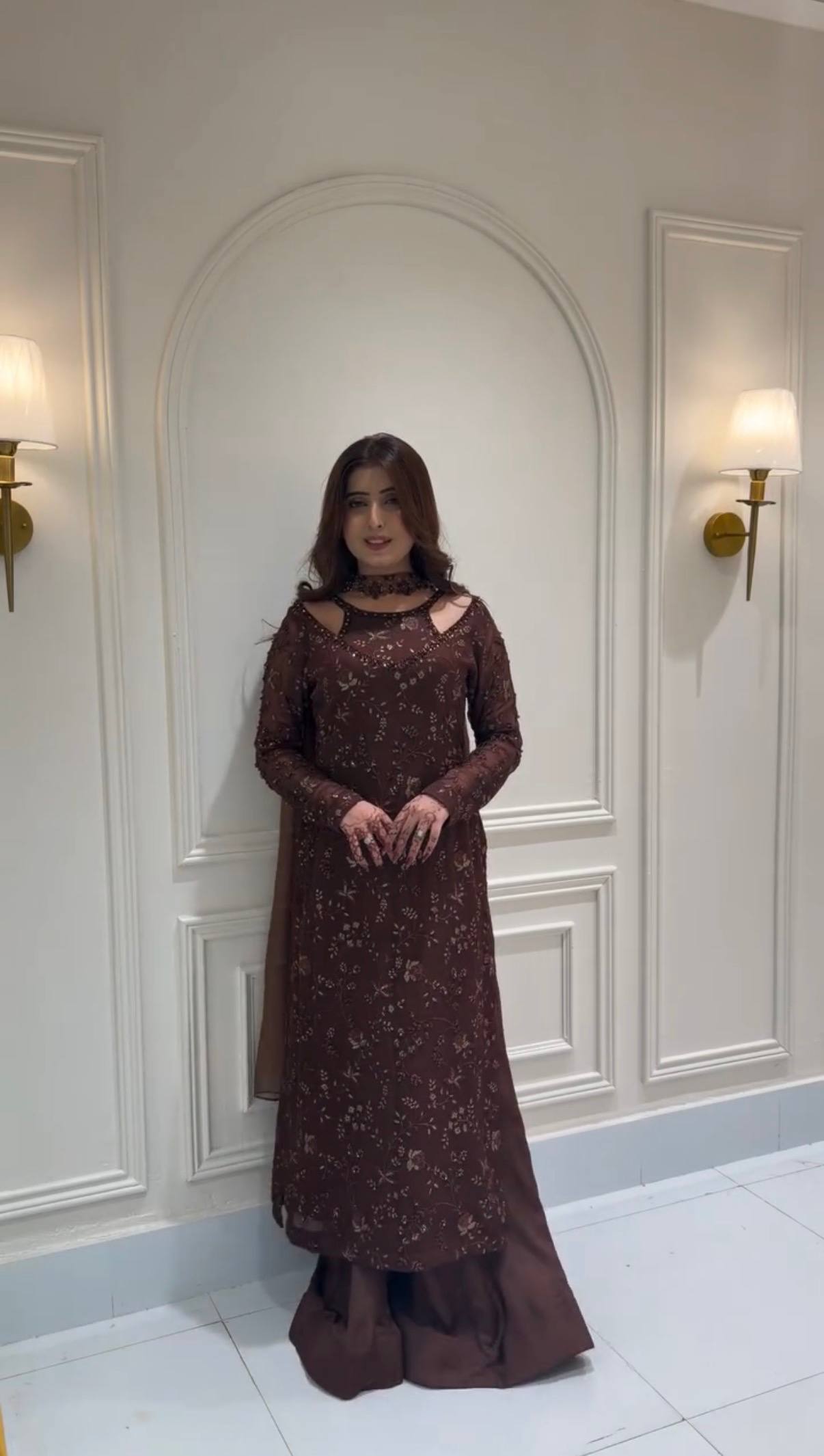 Women's Brown Embroidered Kurta Palazzo Set | Designer Party Wear Ethnic Suit with Dupatta | Premium Festive Wear for Women