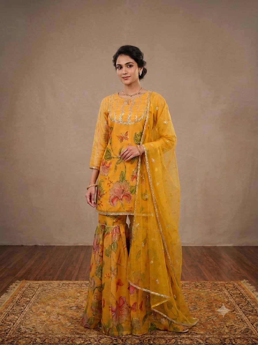 Mustard Organza Sharara Suit | Jayant Fashion