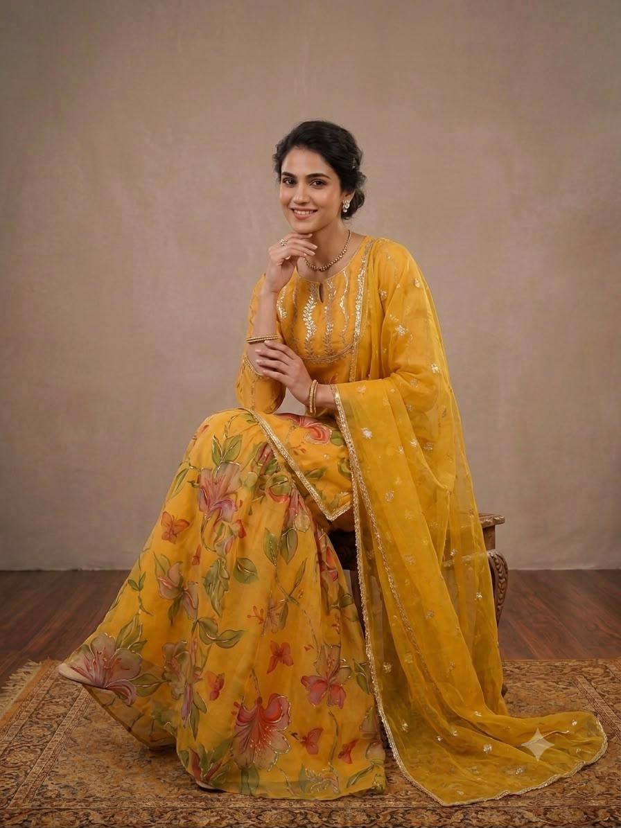 Mustard Organza Sharara Suit | Jayant Fashion