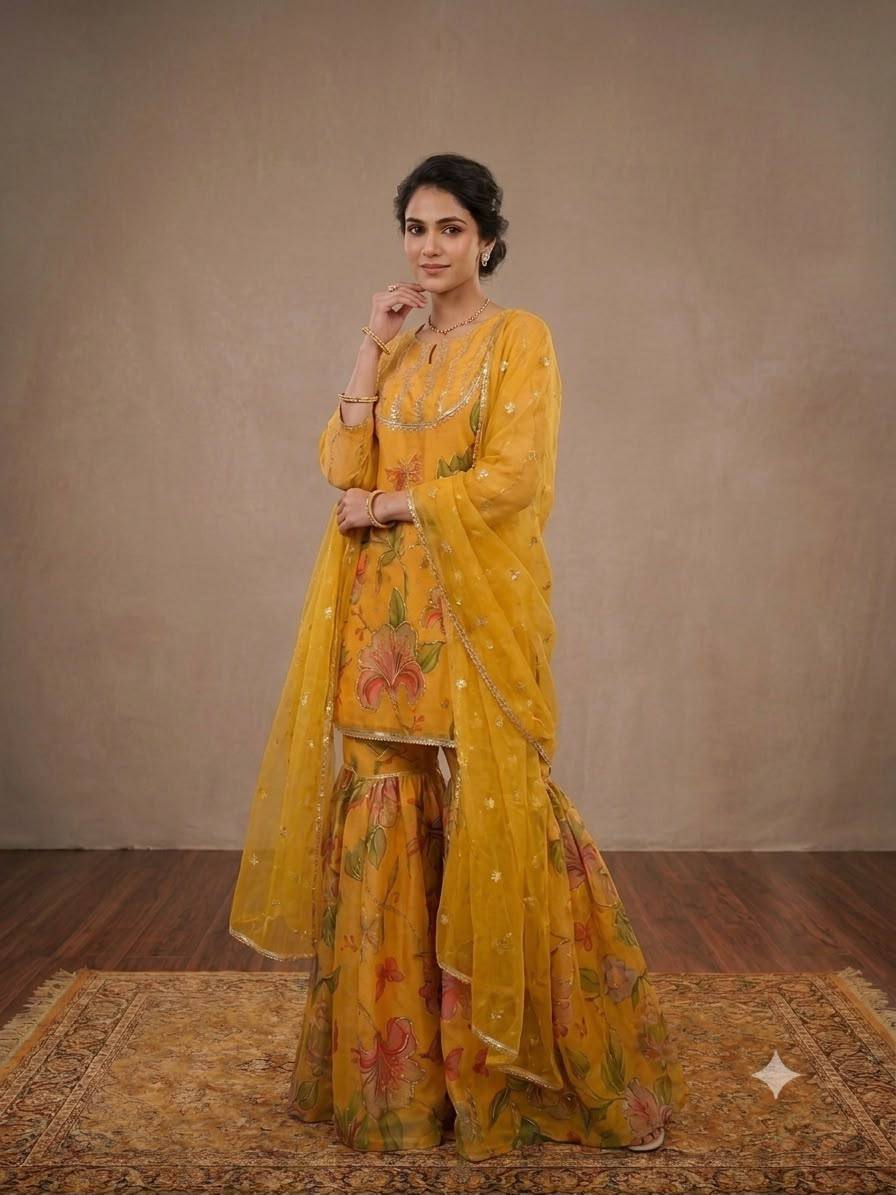 Mustard Organza Sharara Suit | Jayant Fashion