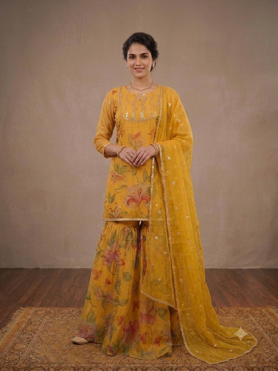 Mustard Organza Sharara Suit | Jayant Fashion
