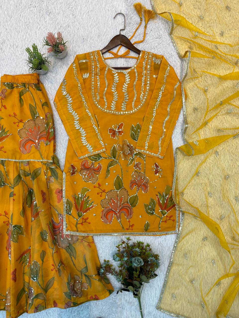 Mustard Organza Sharara Suit | Jayant Fashion