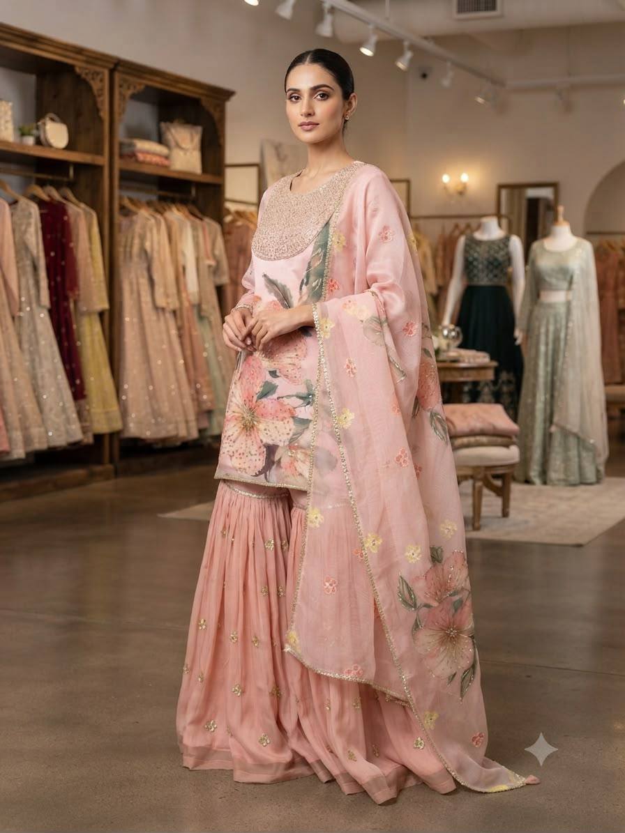 Printed Soft Organza Sharara Suit with Embroidered Dupatta