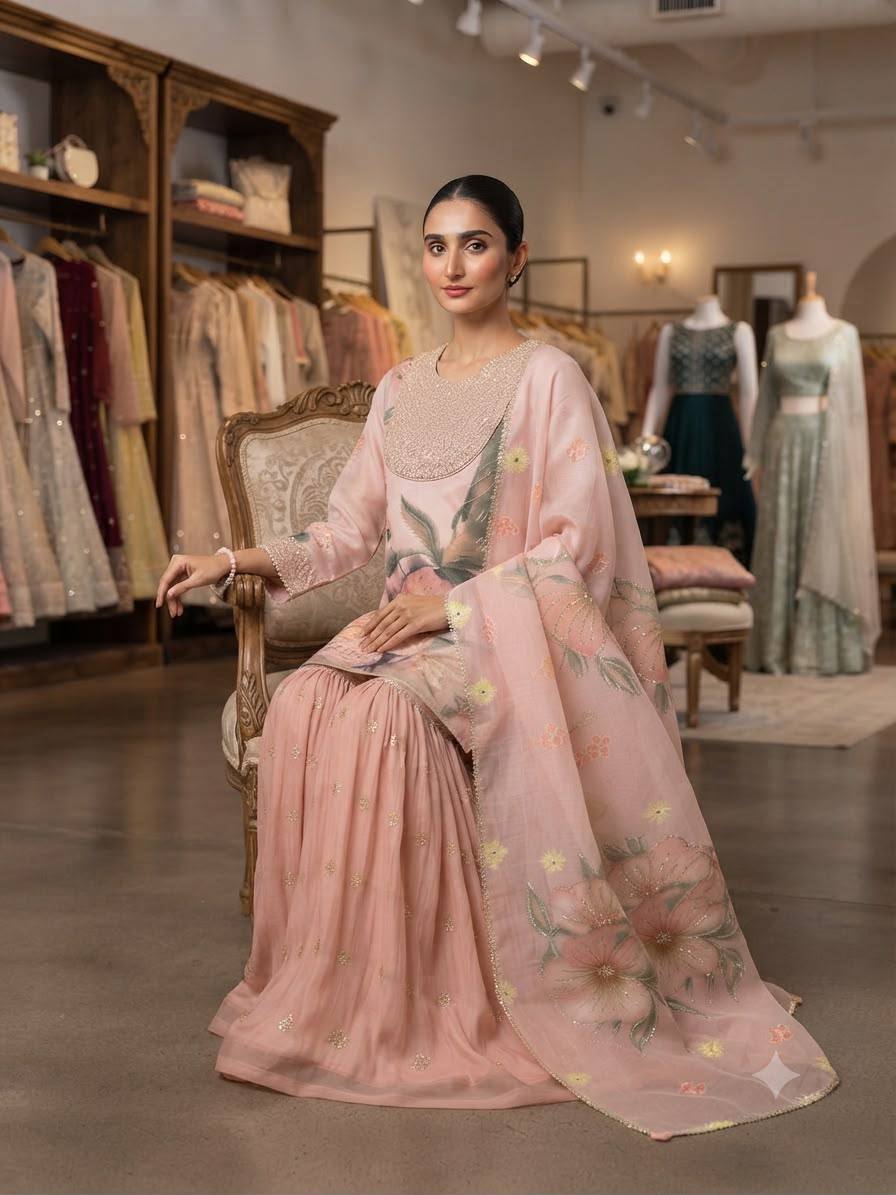 Printed Soft Organza Sharara Suit with Embroidered Dupatta