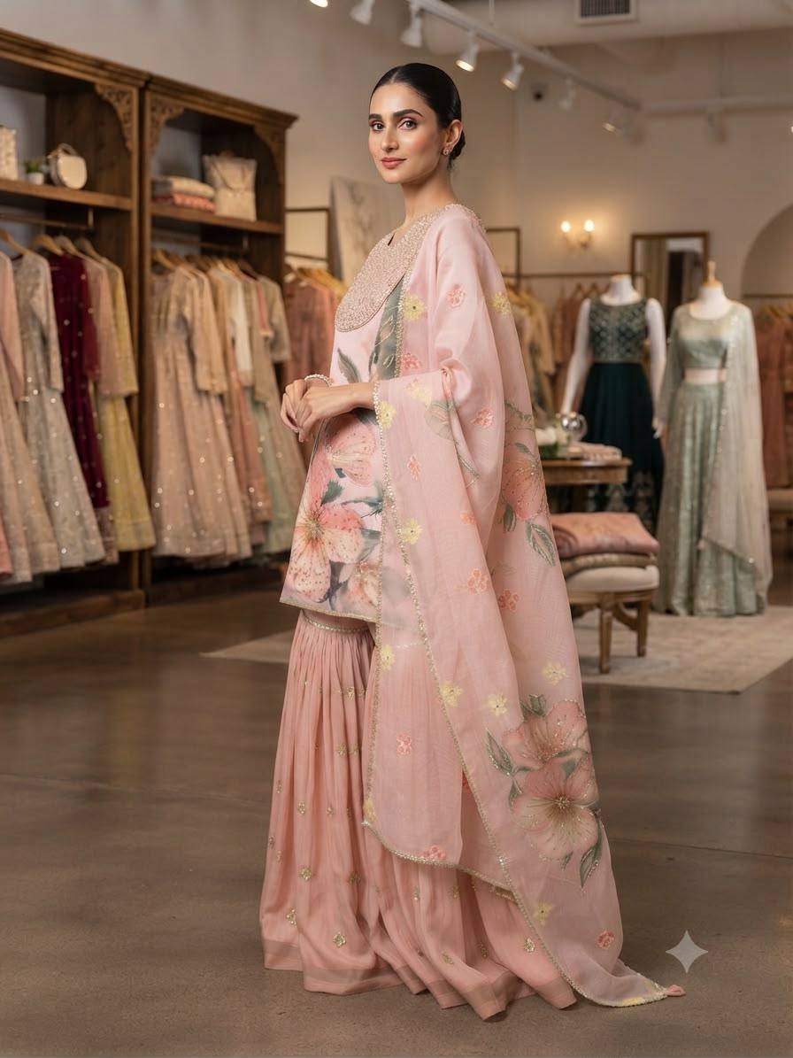 Printed Soft Organza Sharara Suit with Embroidered Dupatta