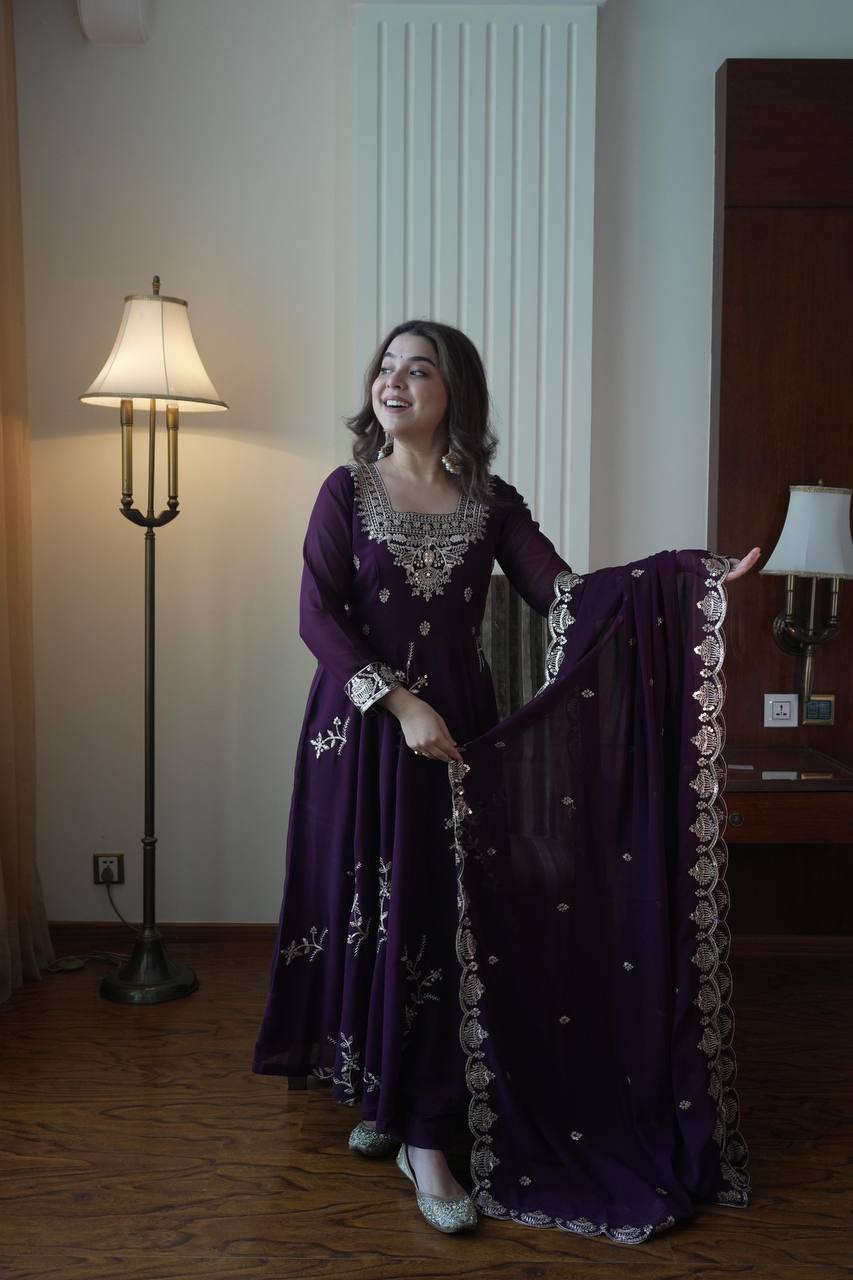 Georgette Embroidered Anarkali Kurti Pant & Dupatta Set